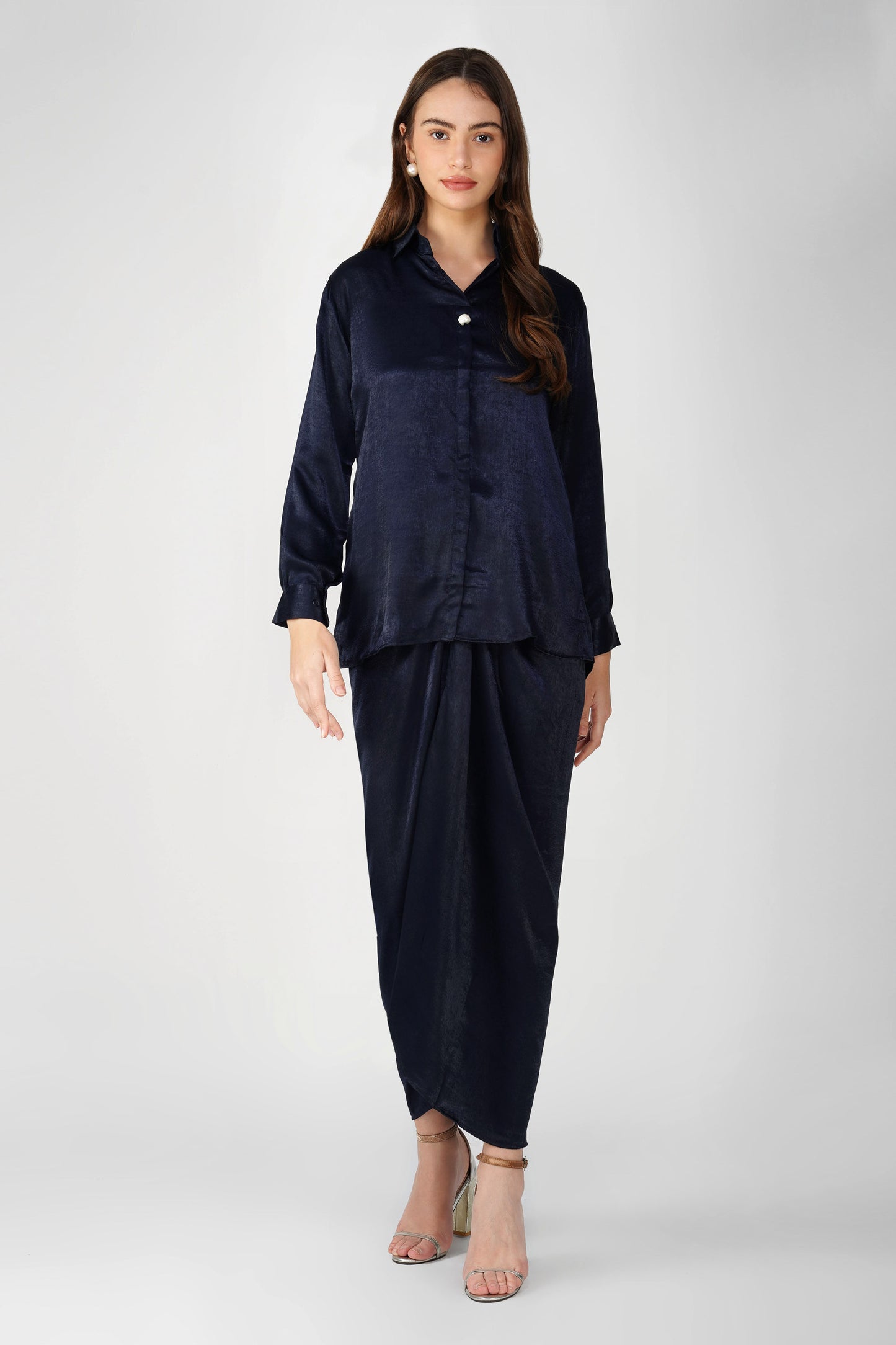 Nura Drape Skirt Co-ord – Navy Blue Velvet-Finish Satin Shirt, Wrap Skirt & Lining (3-Piece Set)