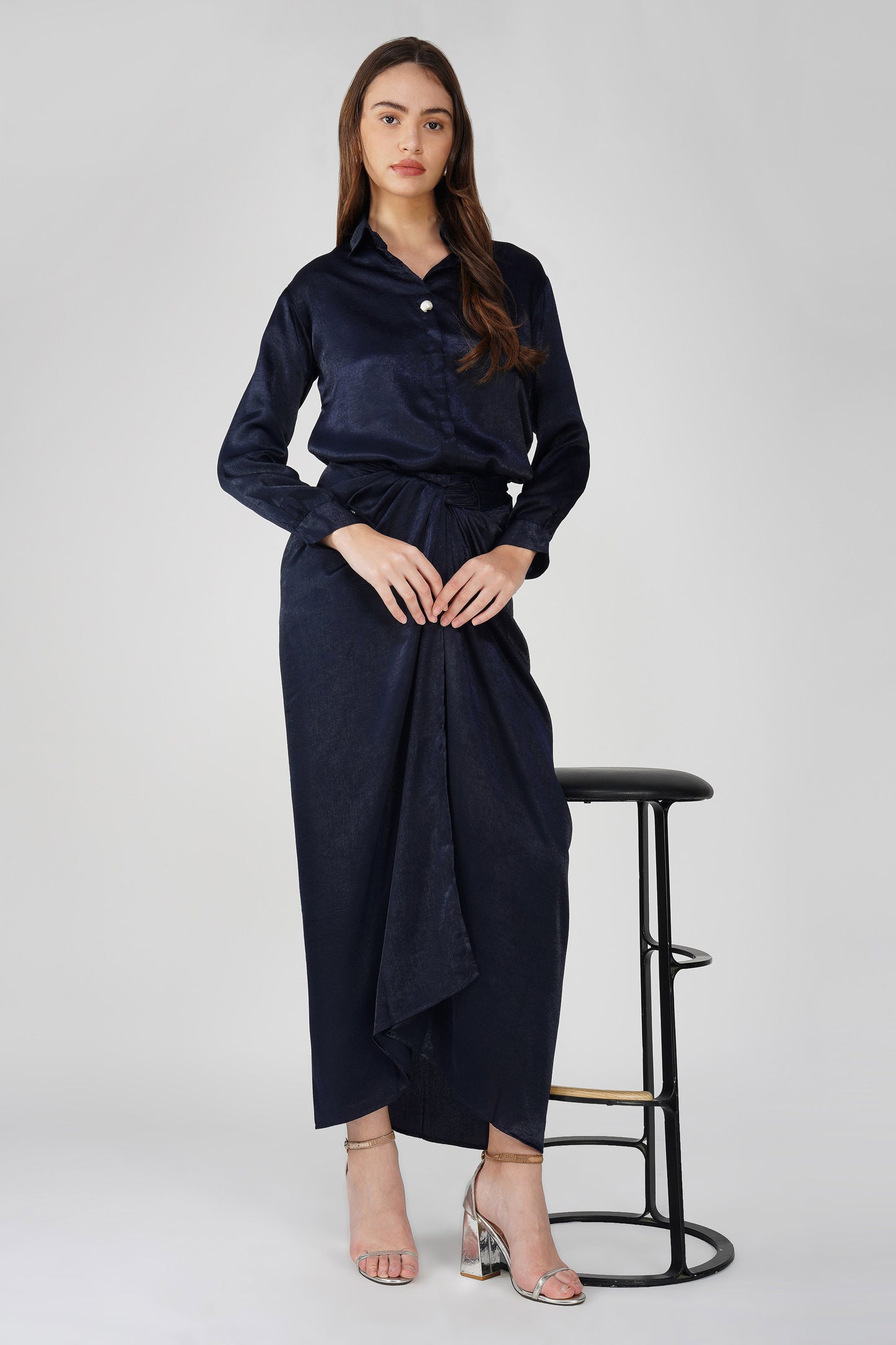 Silk Drape Shirt Skirt Set Navy