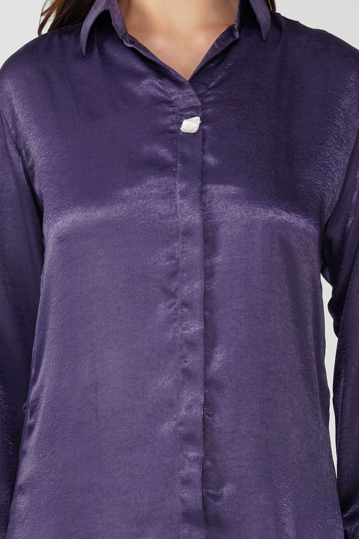 Nura Drape Skirt Co-ord – Eggplant Purple Velvet-Finish Satin Shirt, Wrap Skirt & Lining (3-Piece Set)