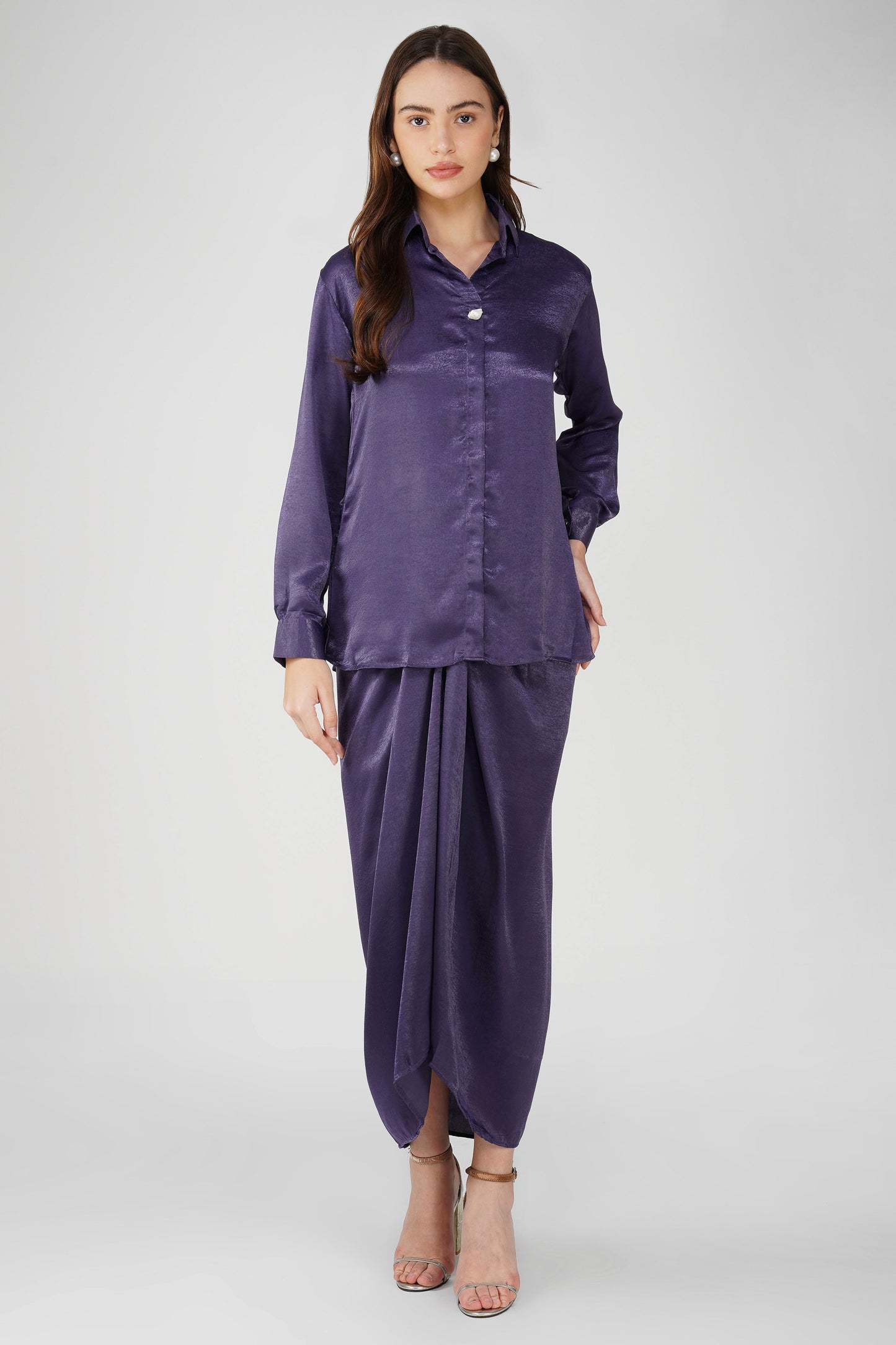 Nura Drape Skirt Co-ord – Eggplant Purple Velvet-Finish Satin Shirt, Wrap Skirt & Lining (3-Piece Set)