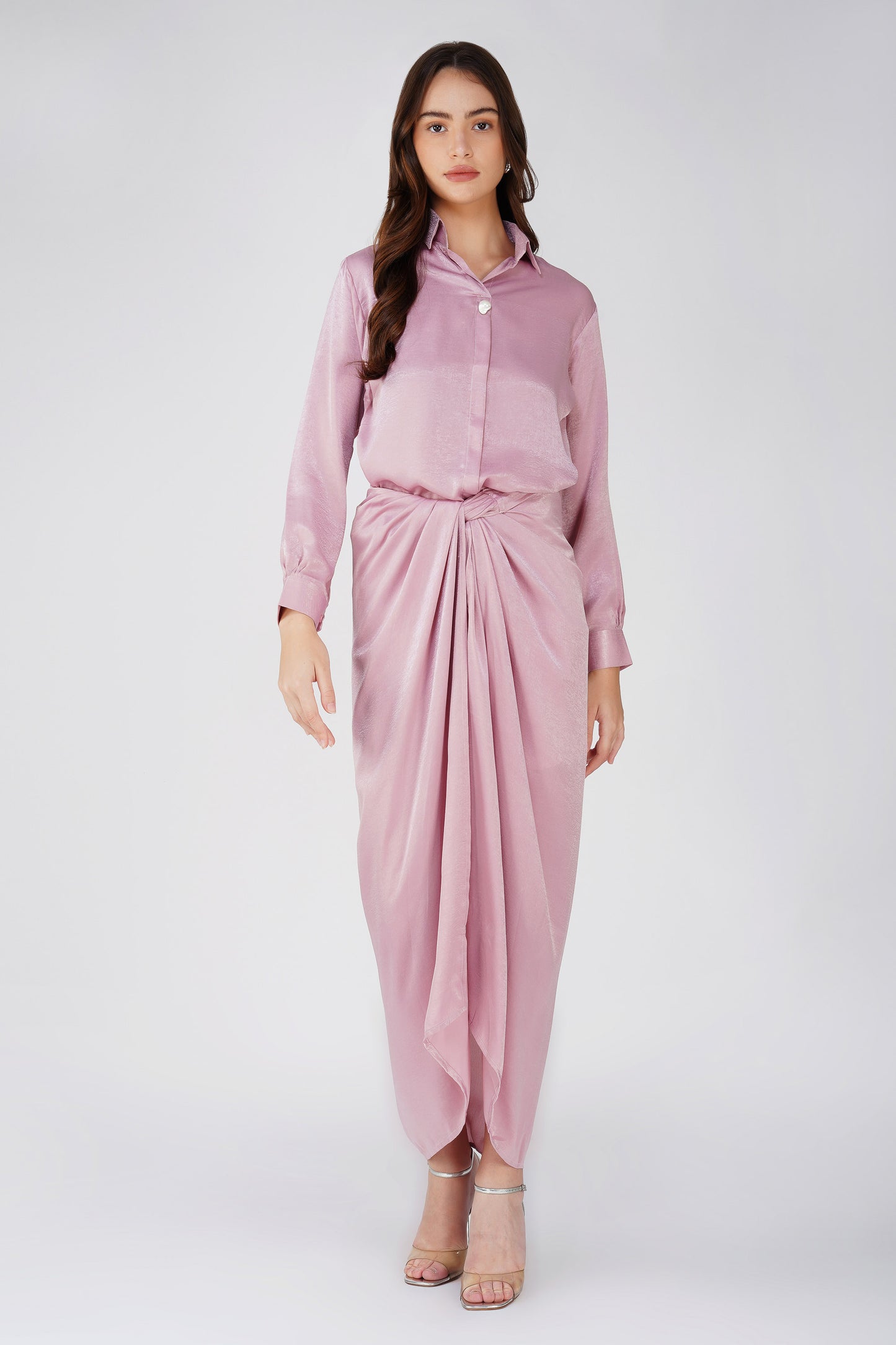 Nura Drape Skirt Co-ord – Pink Velvet-Finish Satin Shirt, Wrap Skirt & Lining (3-Piece Set)