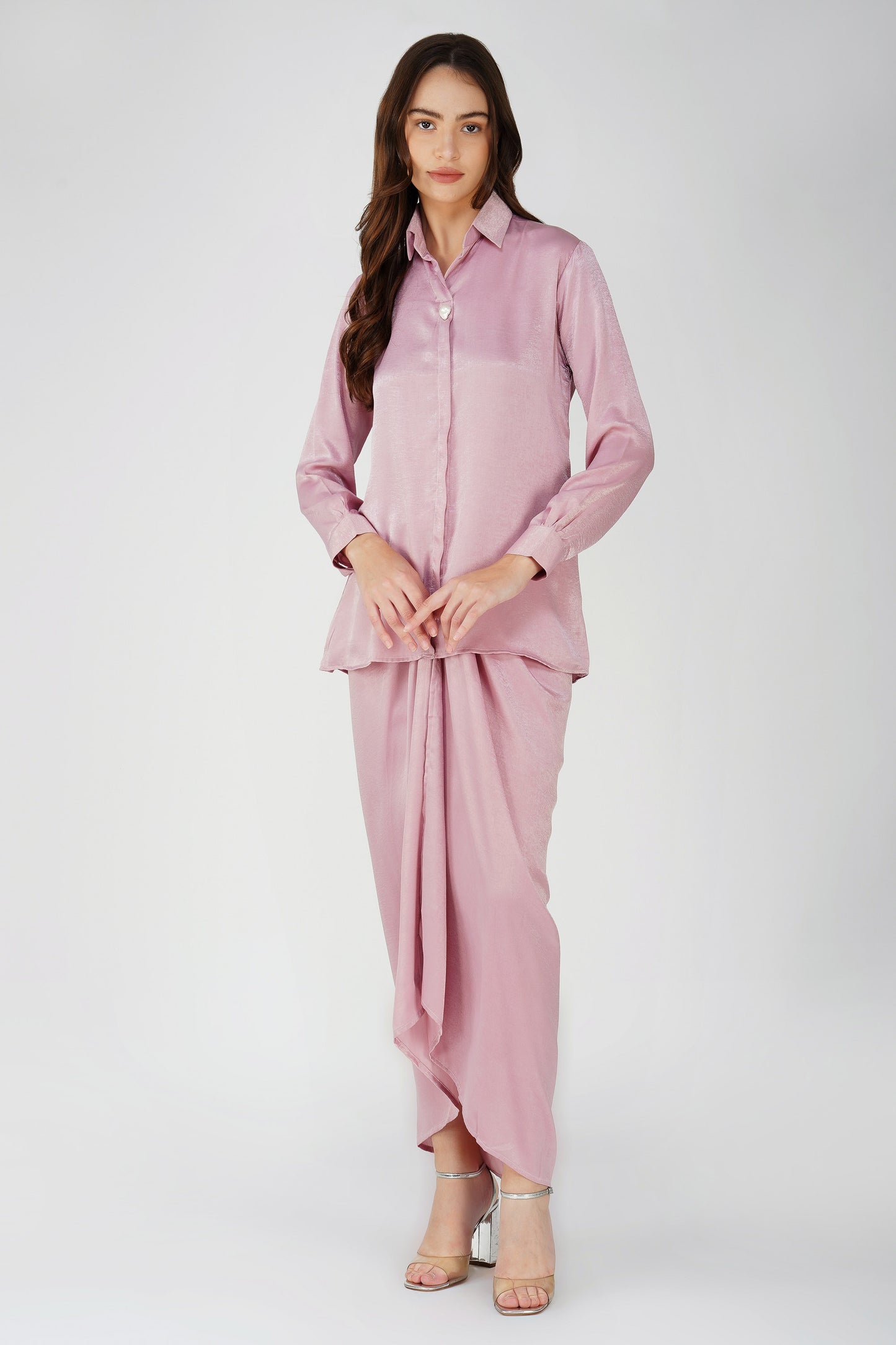 Nura Drape Skirt Co-ord – Pink Velvet-Finish Satin Shirt, Wrap Skirt & Lining (3-Piece Set)