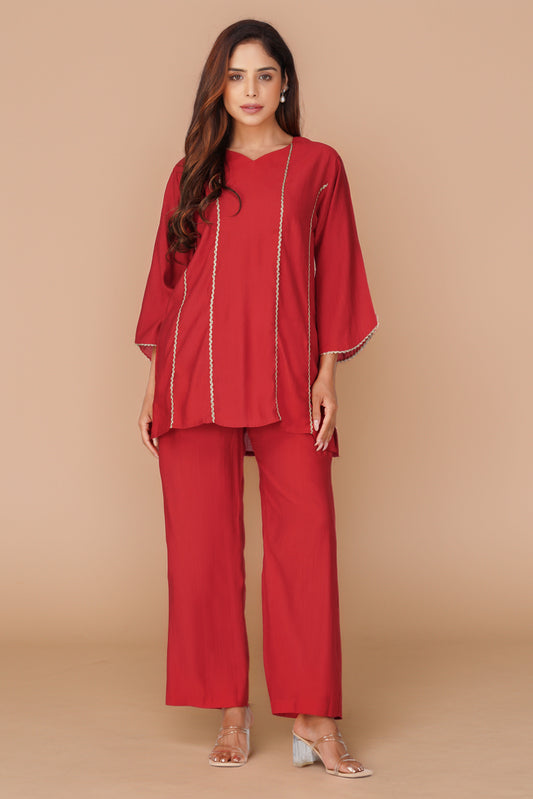 Cham Cham Co-ord Set – Red | Elegant V-Neck Short Kurta with Gold Threads – Bindigasm