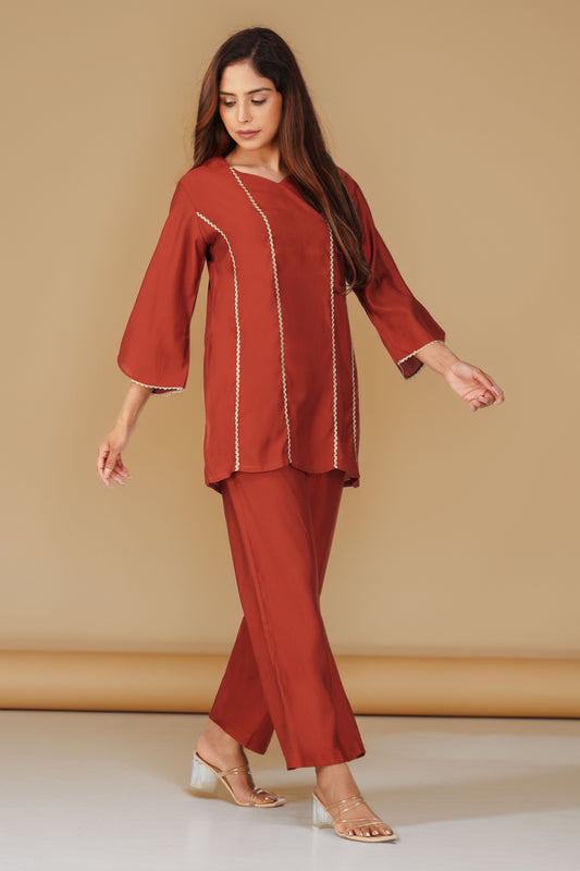 Cham Cham Co-ord Set – Rust Orange | Elegant V-Neck Short Kurta with Gold Threads – Bindigasm