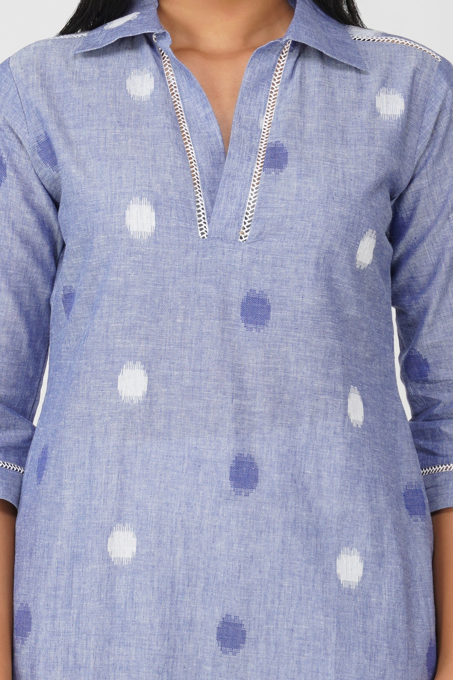 Blue Buti Cotton Co-ord Set – Shirt Collar Tunic with White Relaxed Pants