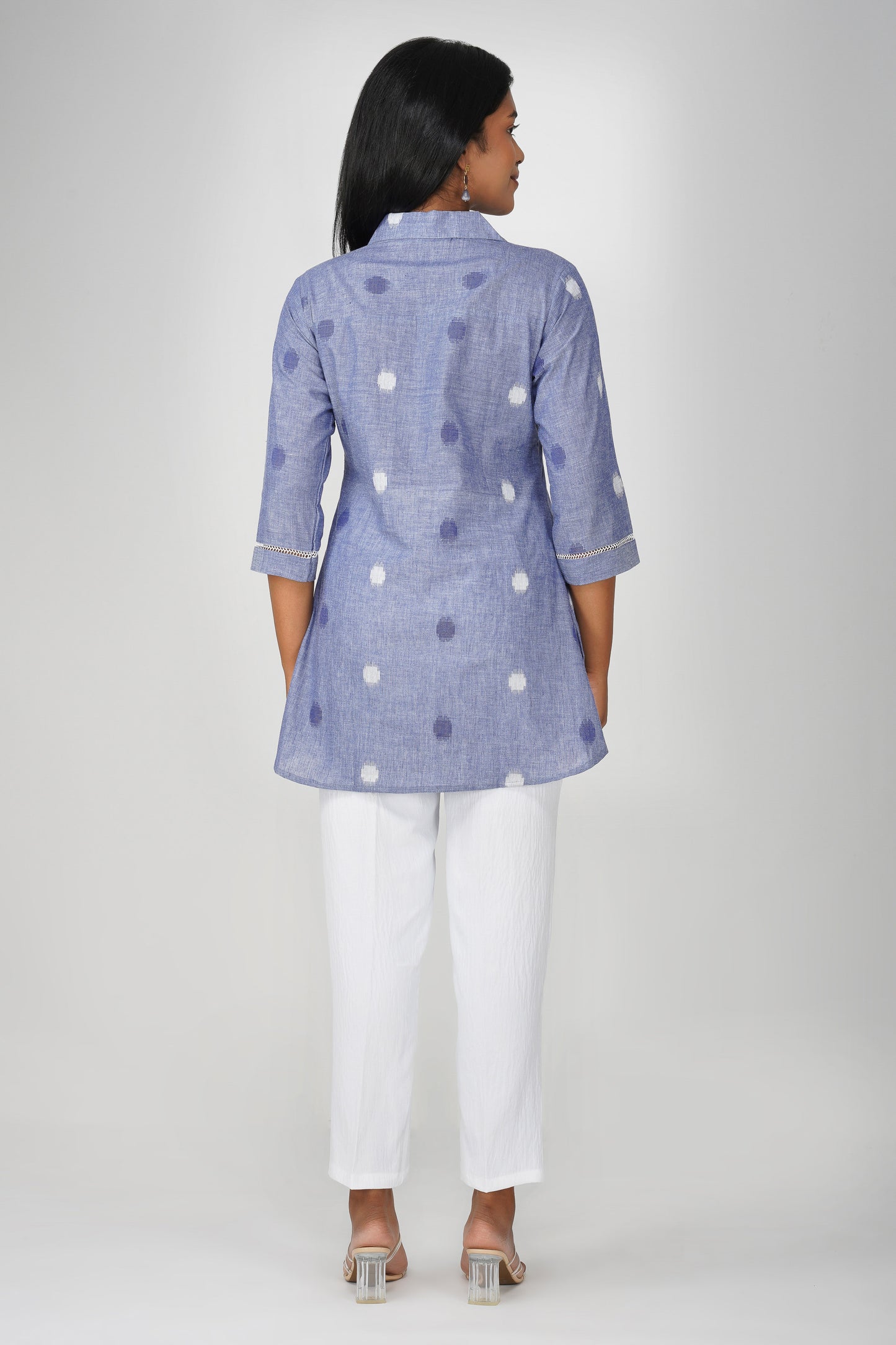 Blue Buti Cotton Co-ord Set – Shirt Collar Tunic with White Relaxed Pants