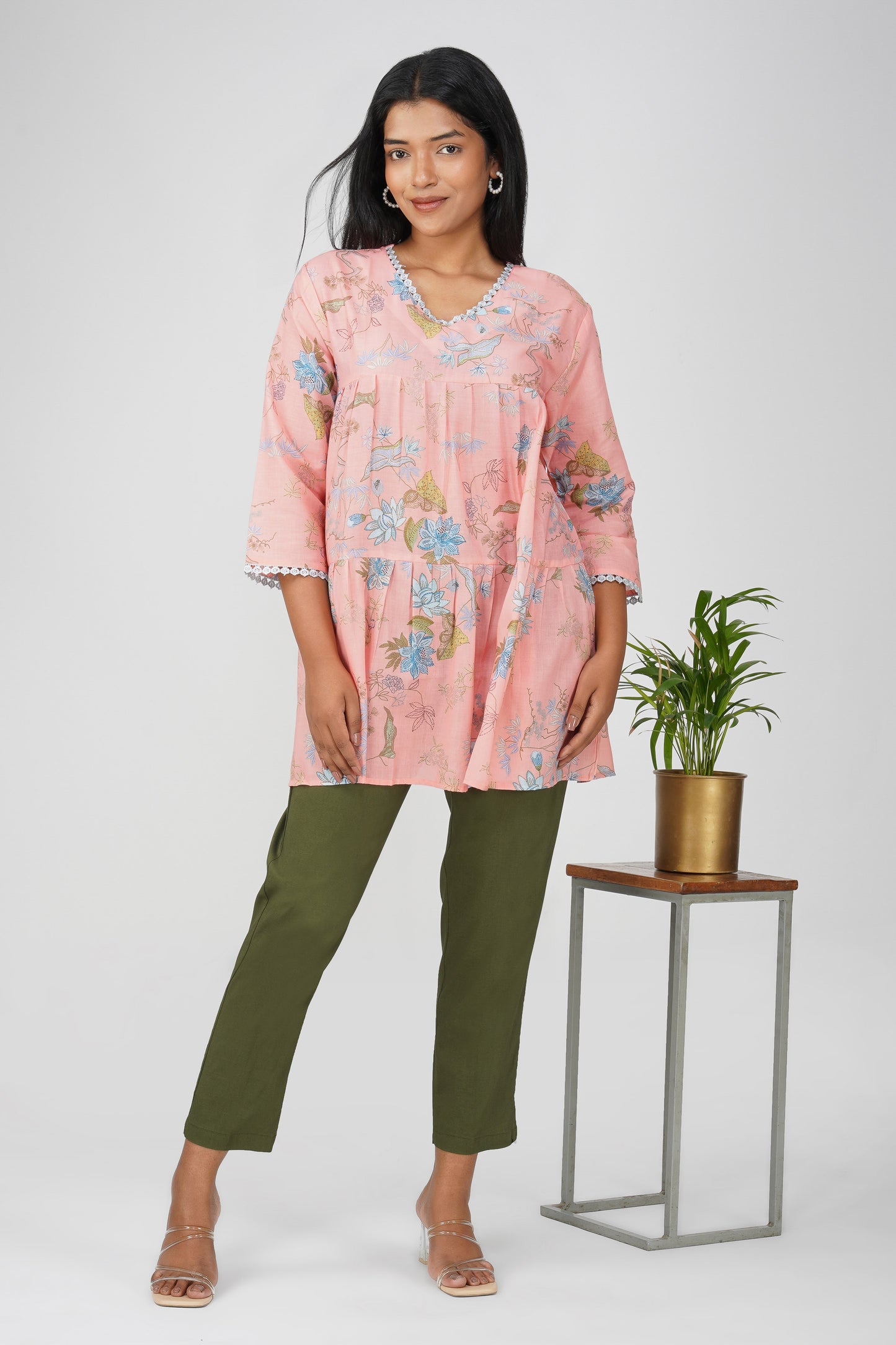 Peach Foliage Peplum Co-ord Set β Printed Cotton Top with Moss Green Pants