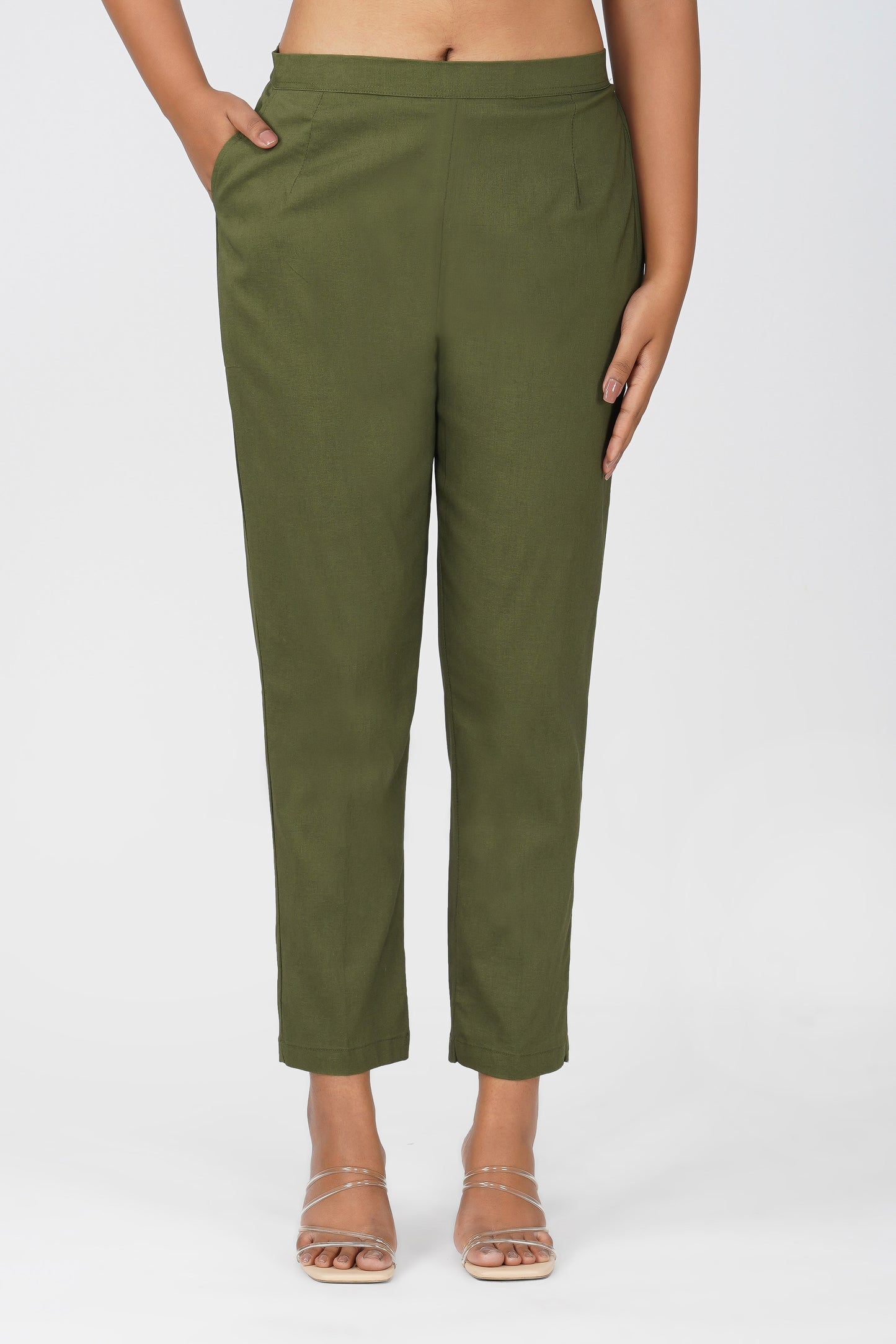 Peach Foliage Peplum Co-ord Set β Printed Cotton Top with Moss Green Pants