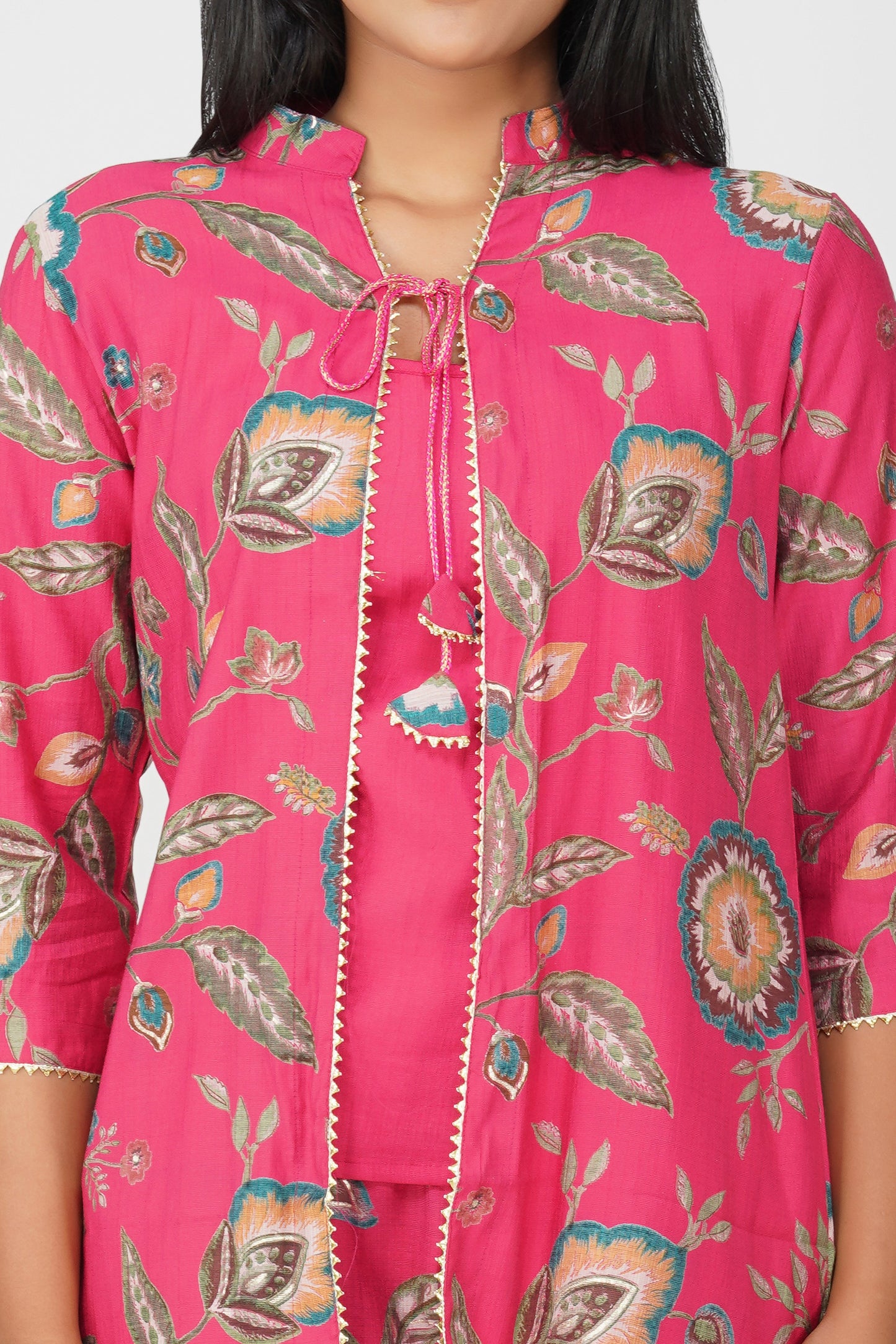 Maahi Co-ord Set – Pink Printed Jacket, Solid Inner & Palazzos (3-Piece Set)