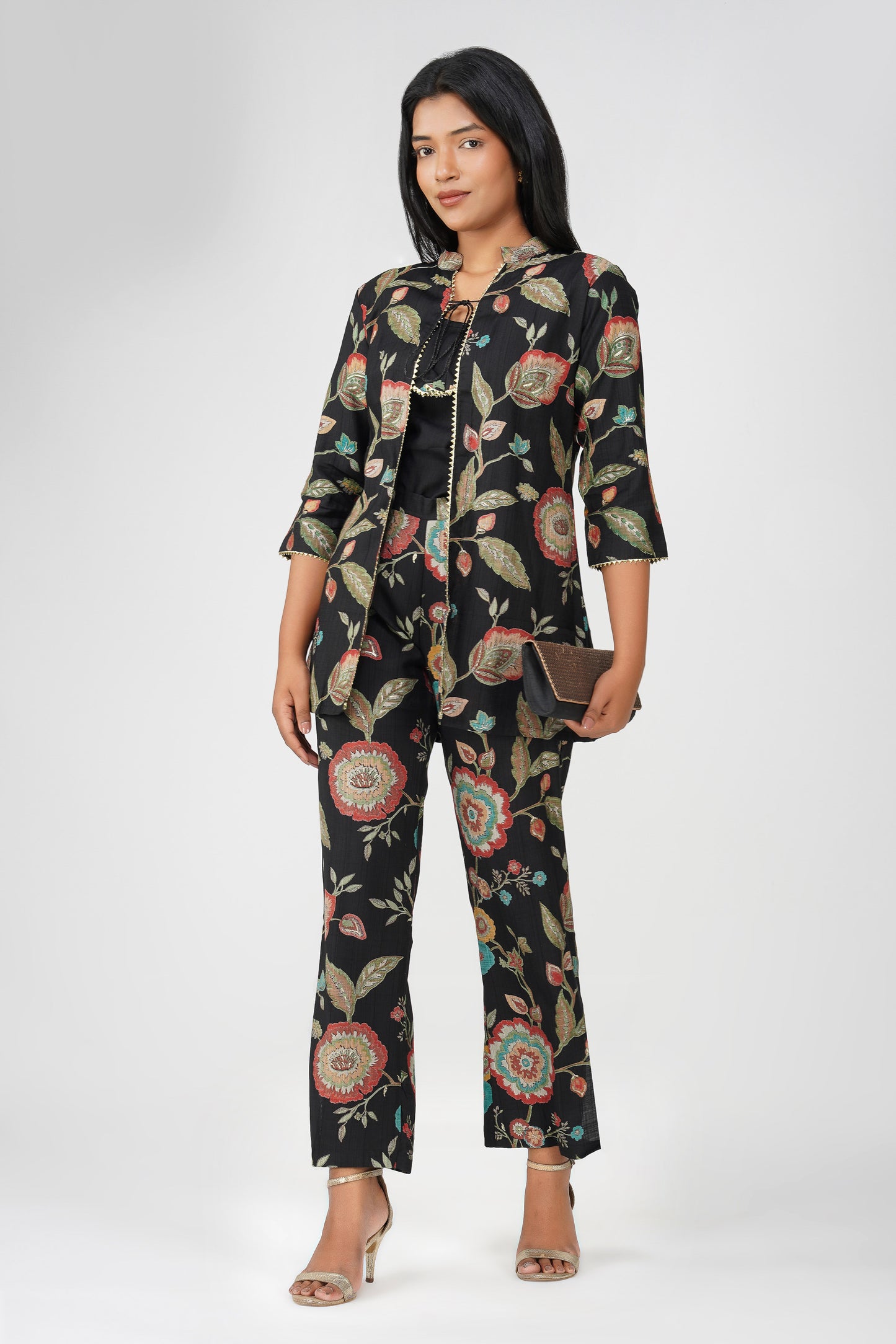 Maahi Co-ord Set – Black Floral Jacket, Solid Inner & Printed Palazzos (3-Piece Set)