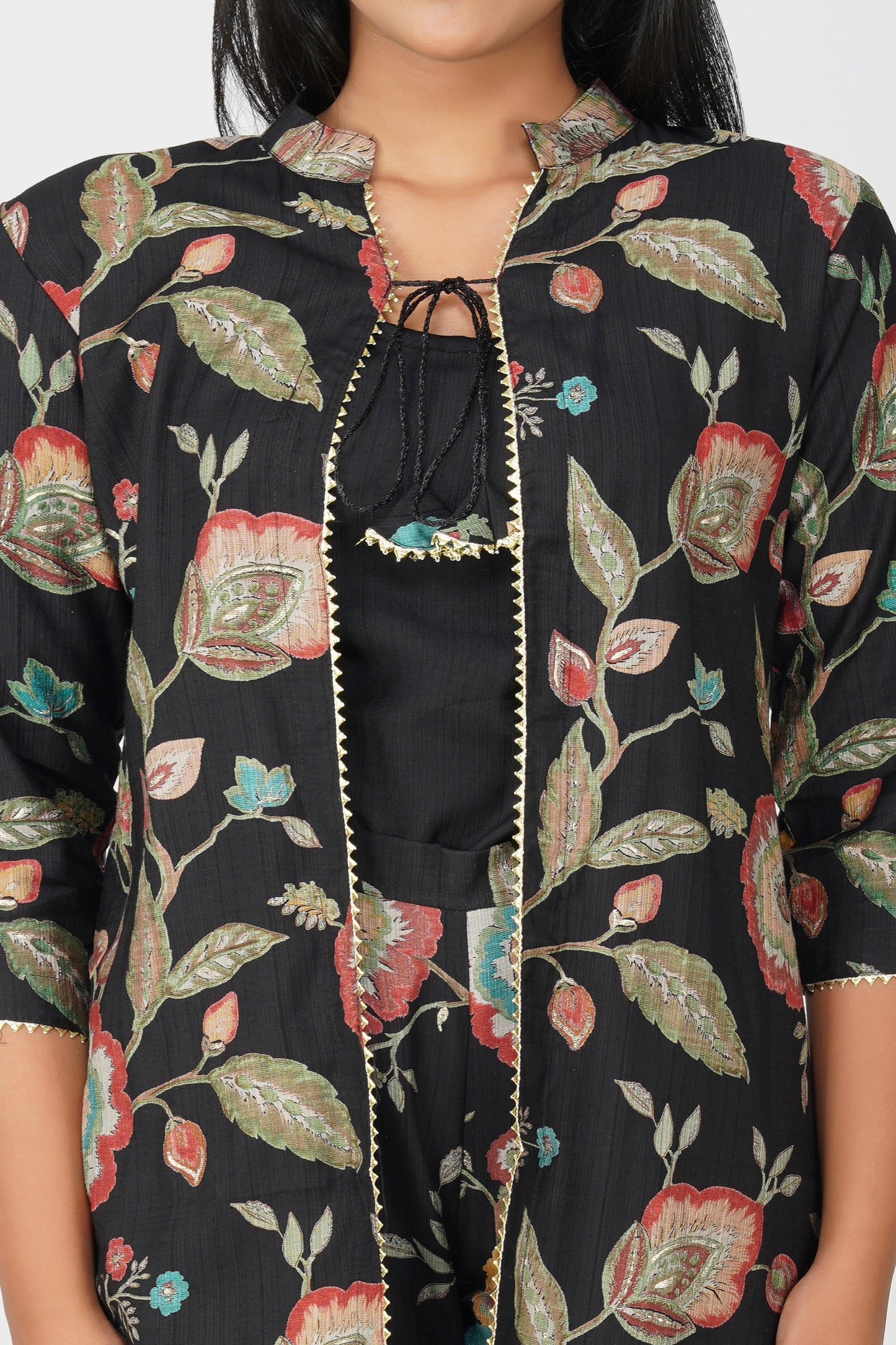 Maahi Co-ord Set – Black Floral Jacket, Solid Inner & Printed Palazzos (3-Piece Set)