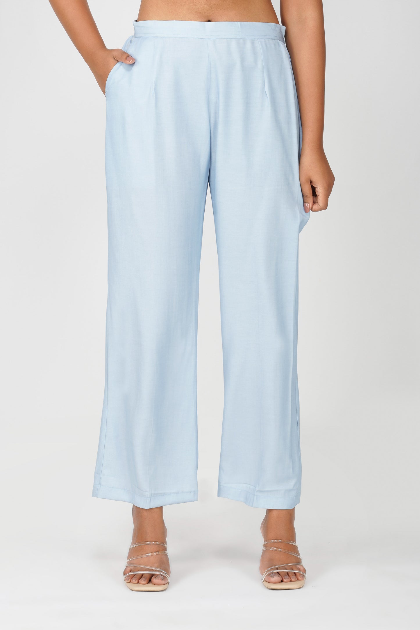 Powder Blue Silk-Denim Co-ord Set – Embroidered Shirt & Relaxed Pants