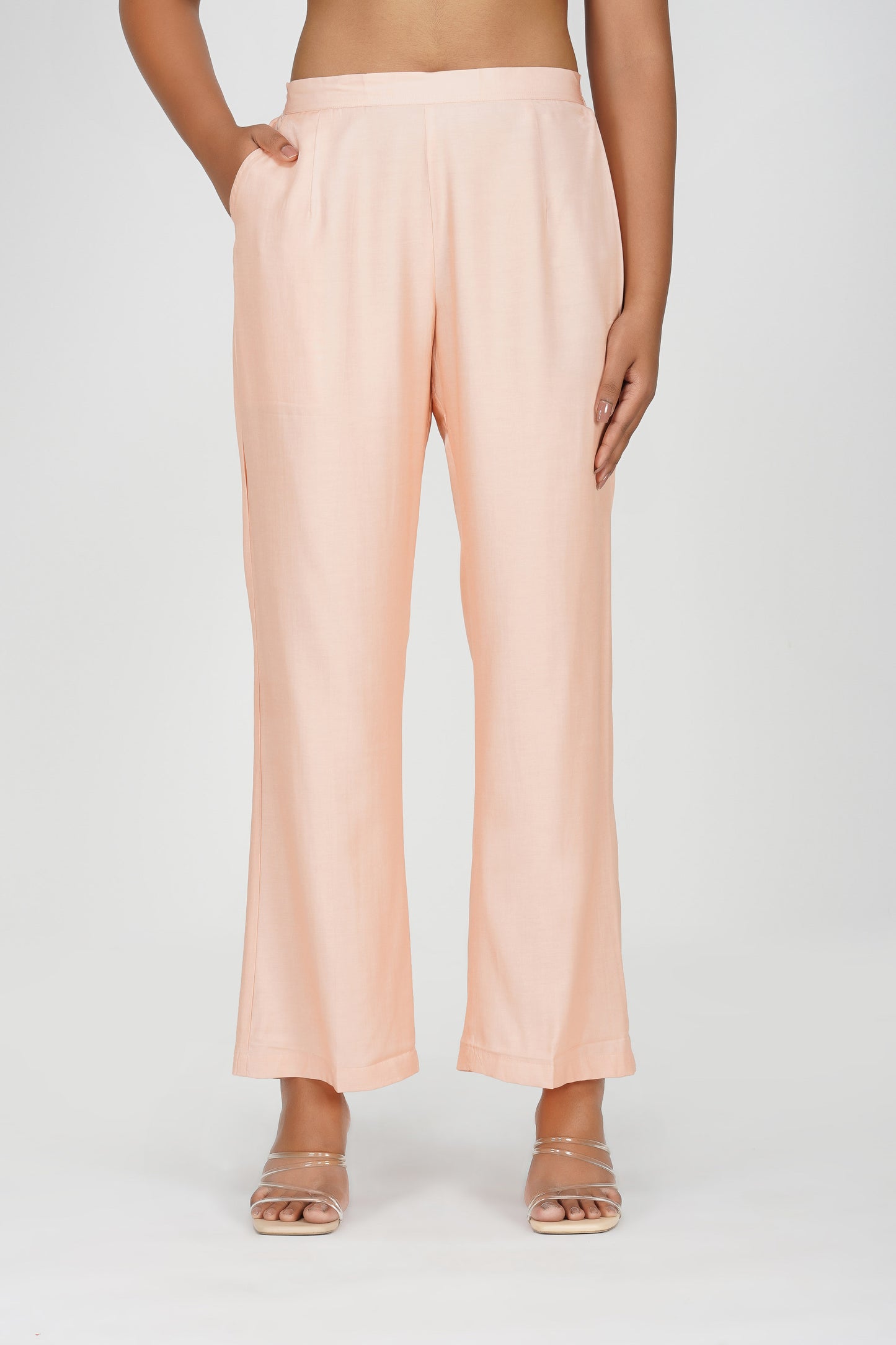 Peach Silk-Denim Co-ord Set β Embroidered Shirt & Relaxed Pants