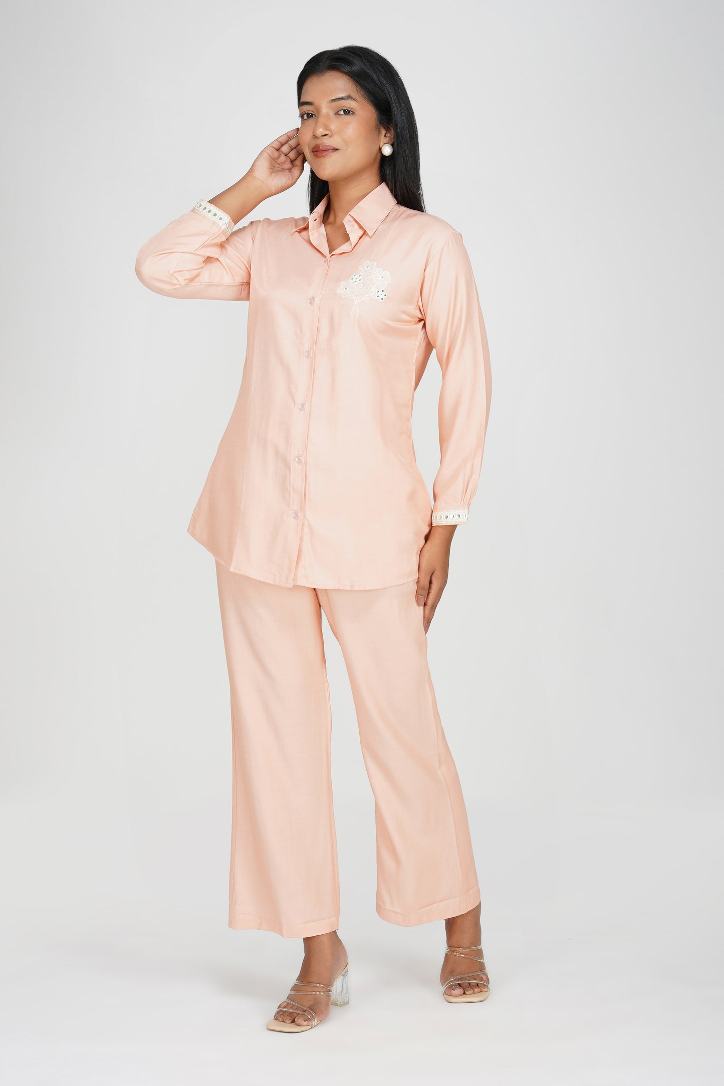 Silky Mirror Embroidered Silky Shirt Co-ord Set