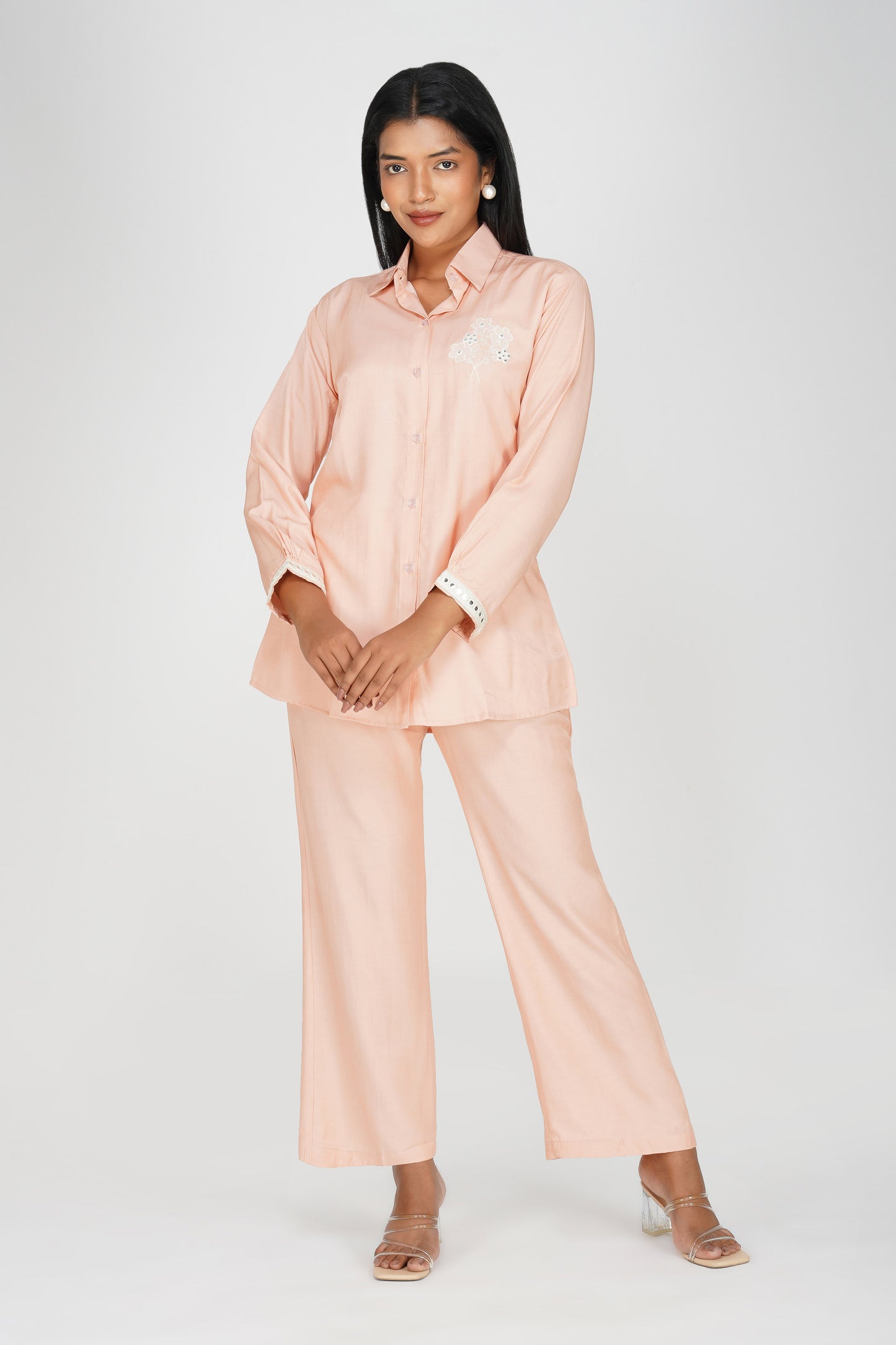 Silky Mirror Embroidered Silky Shirt Co-ord Set