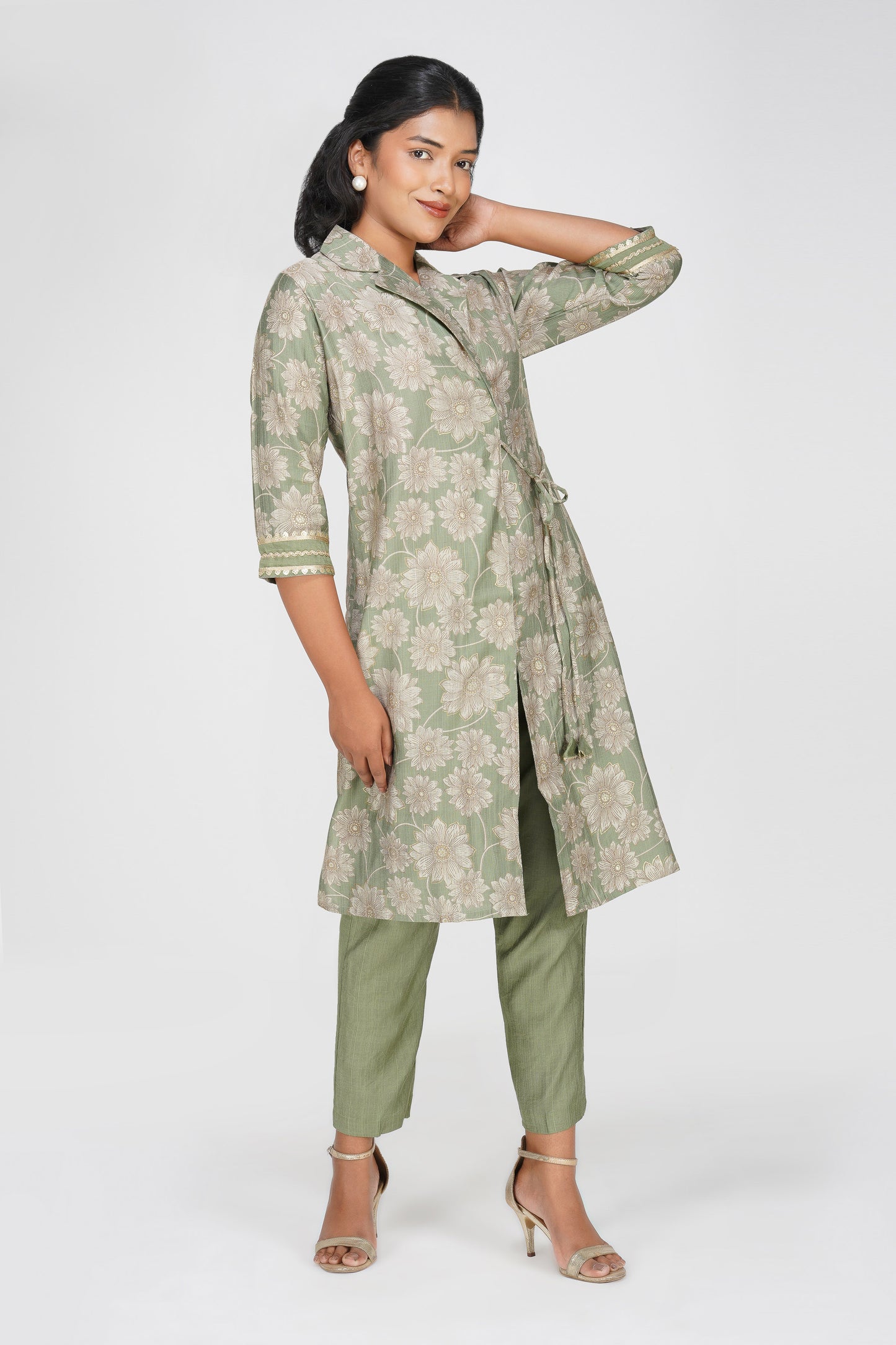 Laila Co-ord Set – Sage Green Floral Jacket Style Top with Solid Pants (2-Piece Set)