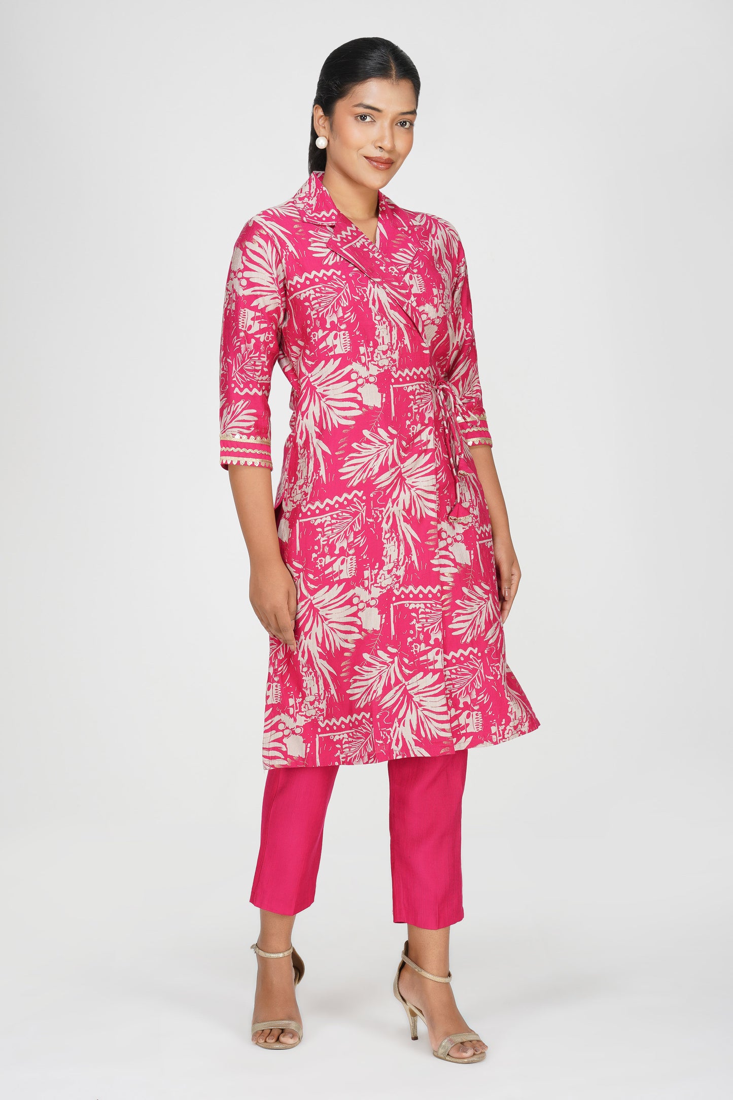 Laila Co-ord Set – Pink Printed Jacket Style Top with Solid Pants (2-Piece Set)