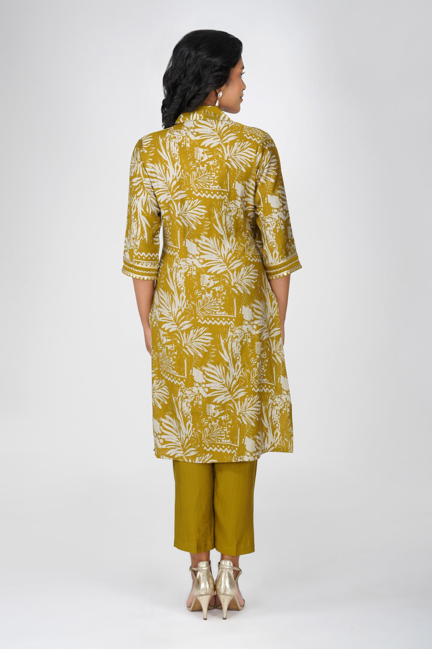 Laila Co-ord Set – Yellow Green Printed Jacket Style Top with Solid Pants (2-Piece Set)