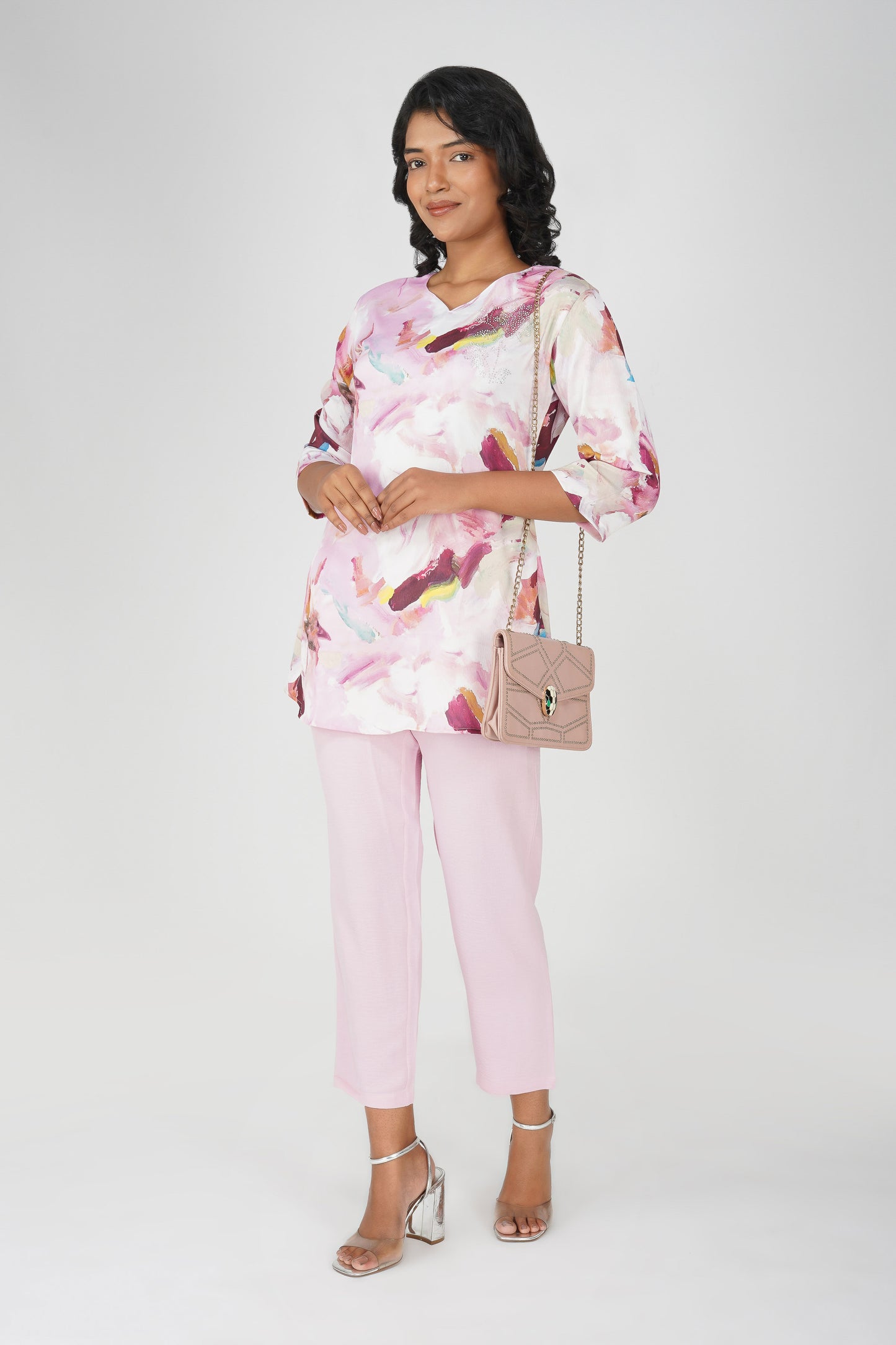 Pink Swarovski Printed Tunic Set – Casual Co-ord with Straight Pants