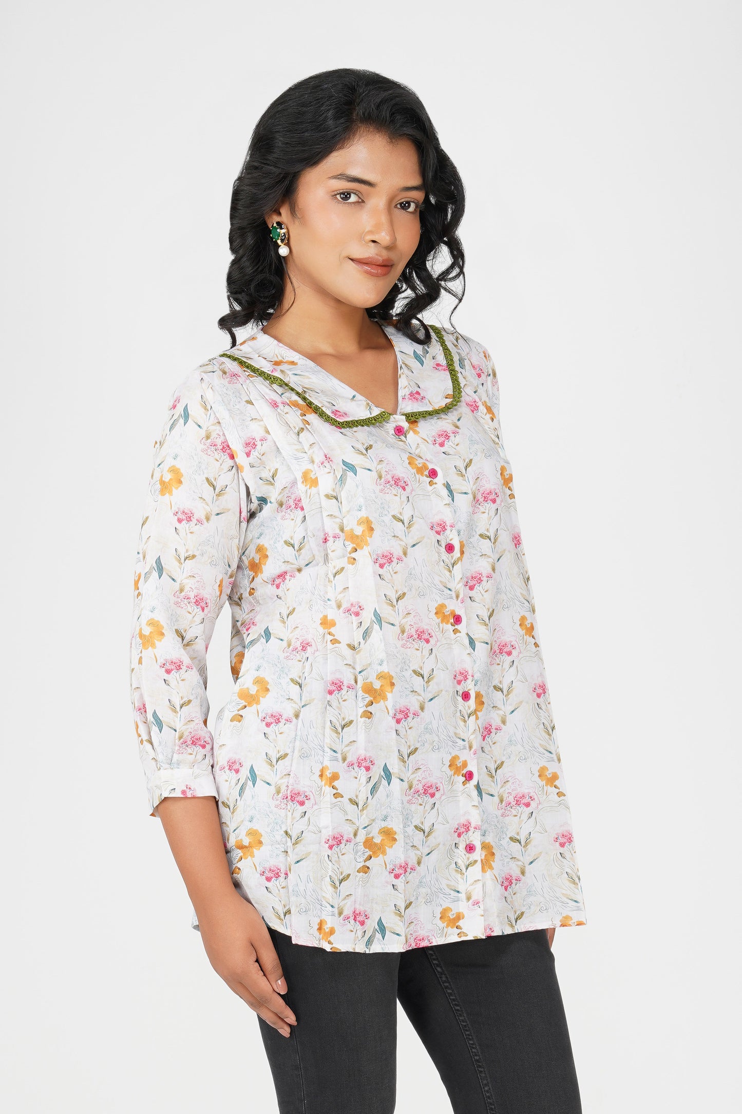 Blush Bib Collar Cotton Shirt – Grey Floral Print