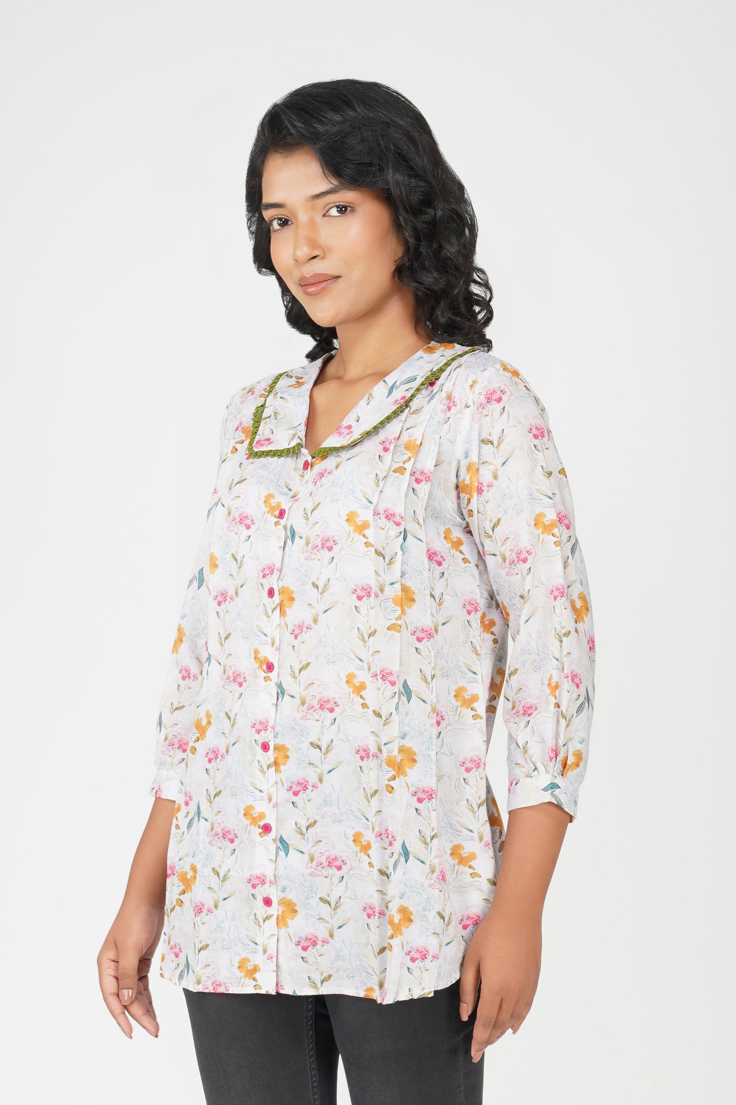 Blush Bib Collar Cotton Shirt – Grey Floral Print