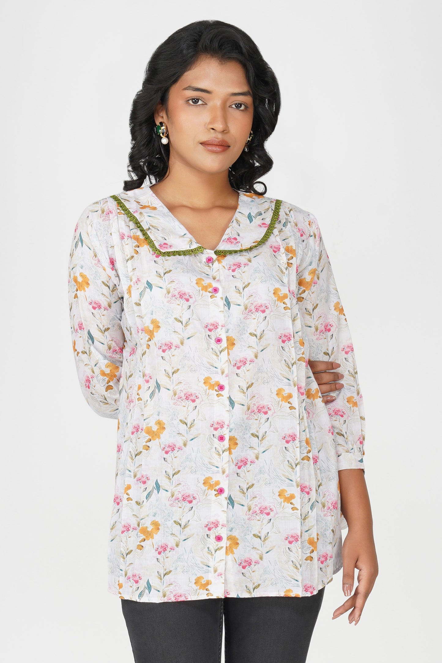Blush Bib Collar Cotton Shirt – Grey Floral Print
