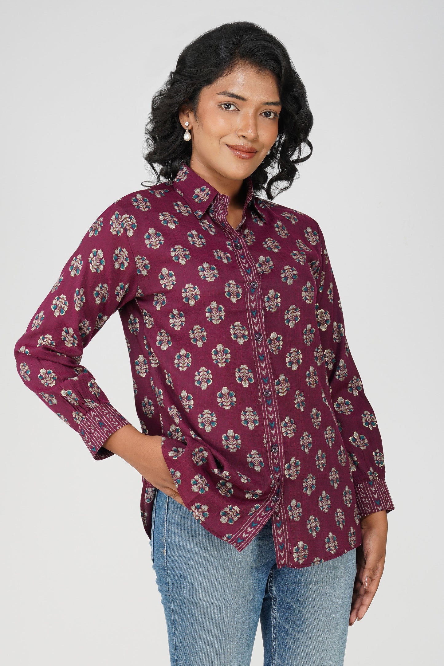Block Print for Beach Shirt – Wine Linen Blend with Contrast Details