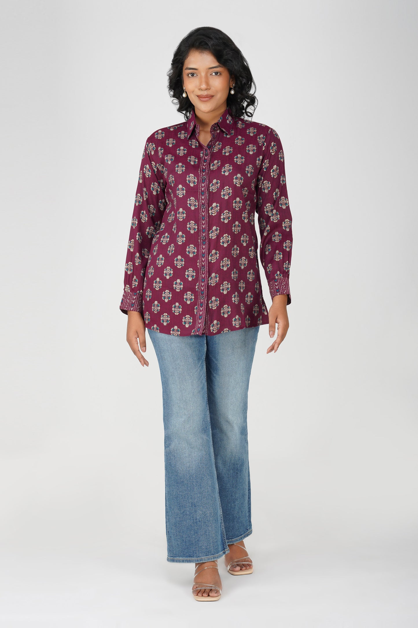 Block Print for Beach Shirt – Wine Linen Blend with Contrast Details