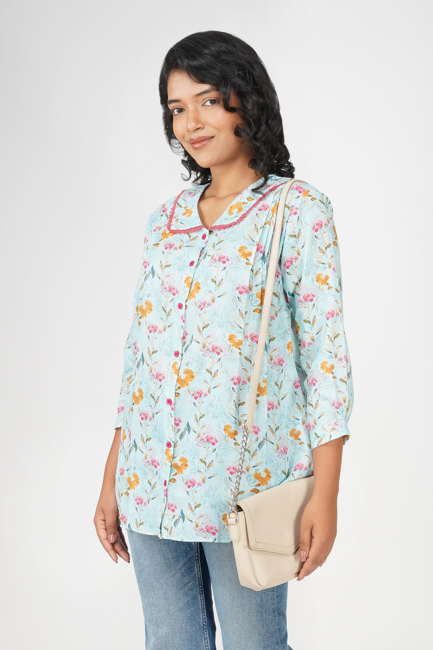 Blush Bib Collar Cotton Shirt – Sky Blue Floral Print