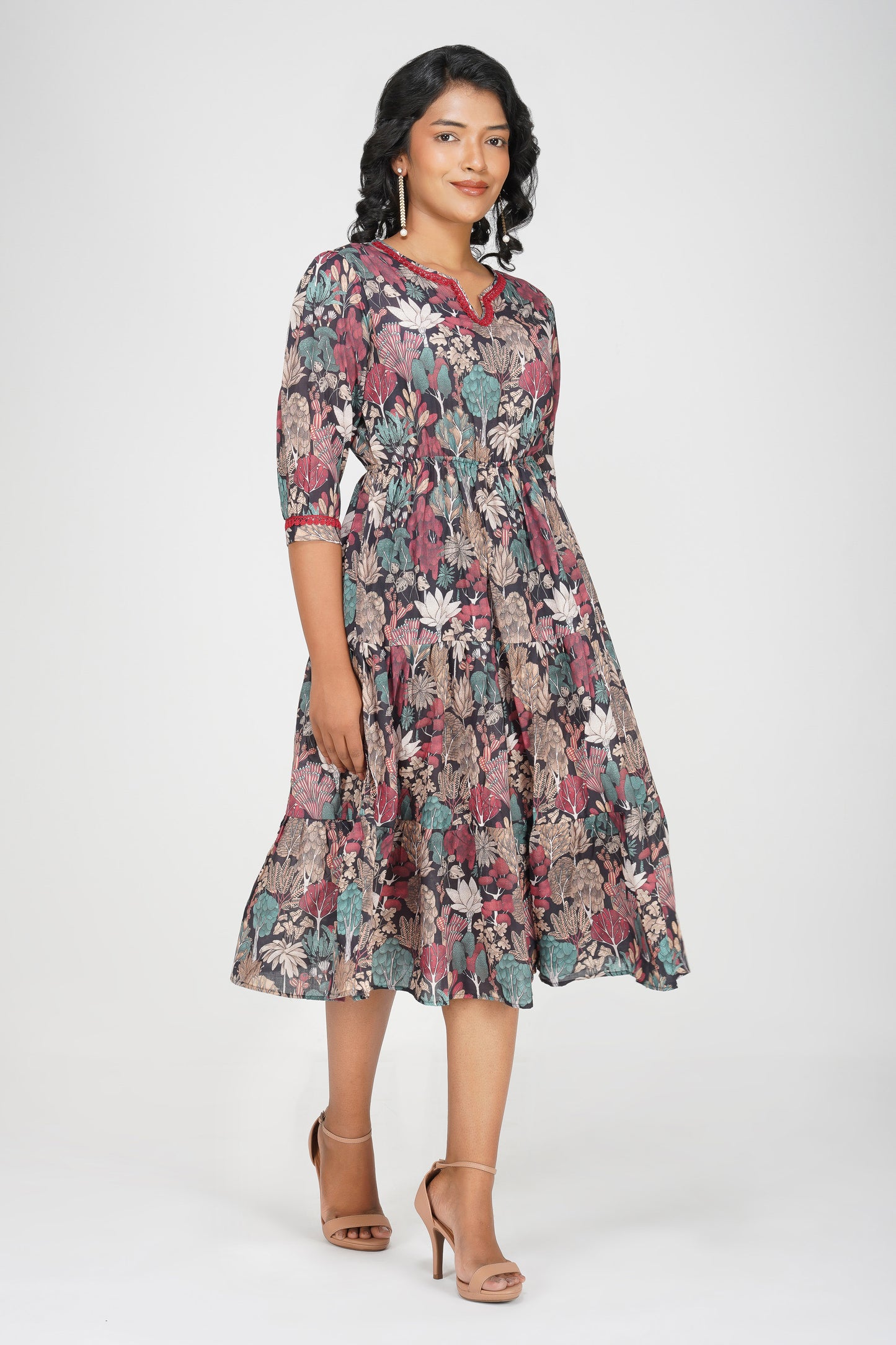 Eva Black Forest Print Cotton Blend Tier Midi Dress