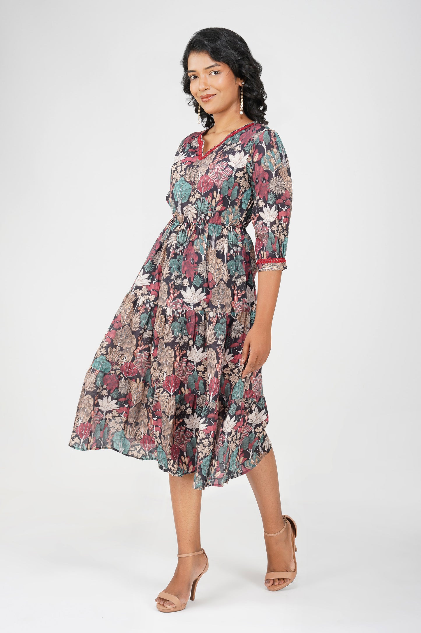 Eva Black Forest Print Cotton Blend Tier Midi Dress