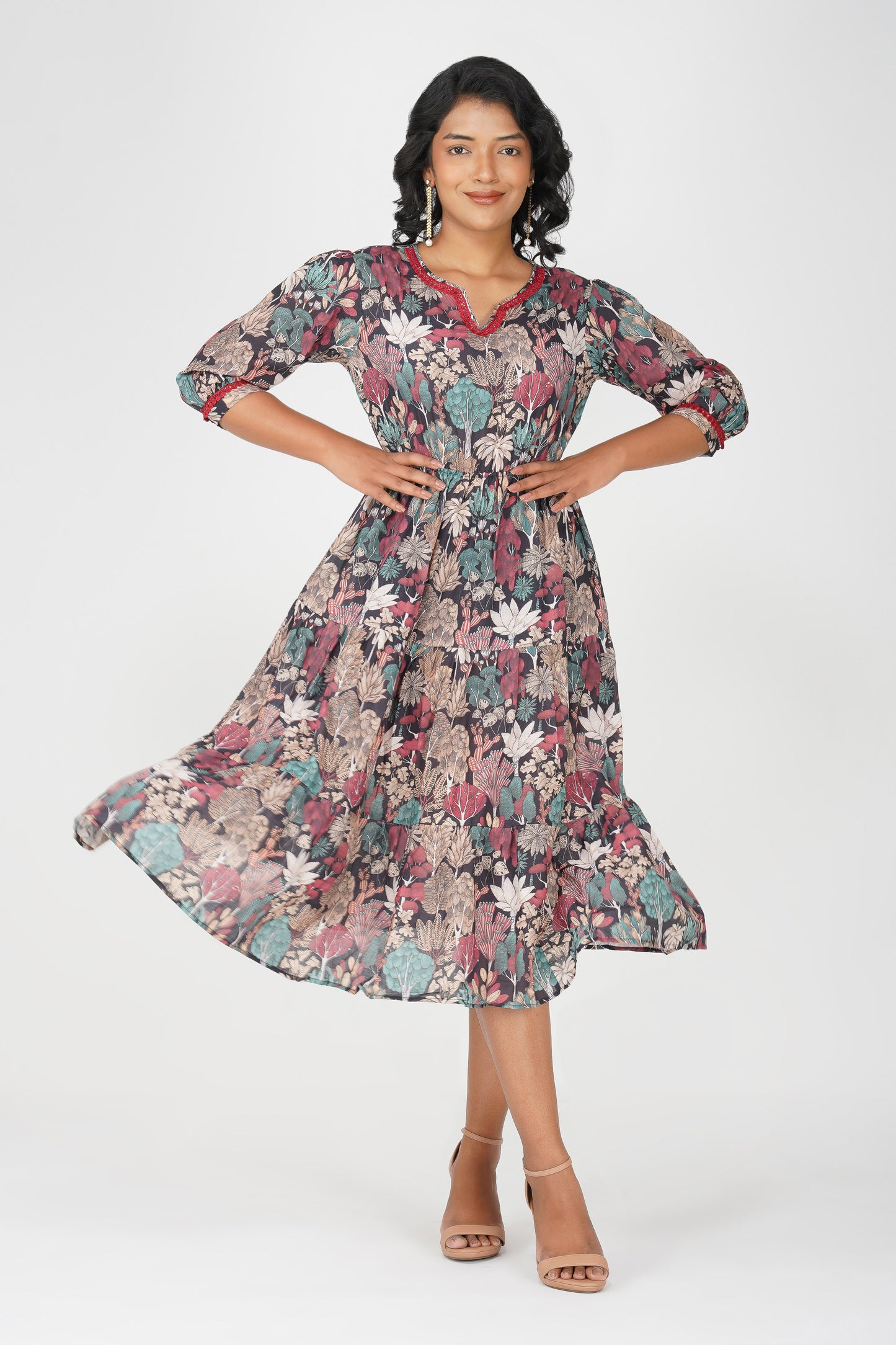 Eva Black Forest Print Cotton Blend Tier Midi Dress