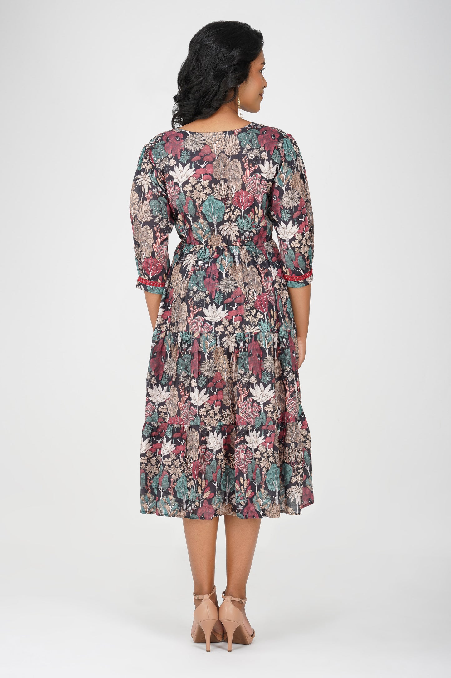Eva Black Forest Print Cotton Blend Tier Midi Dress