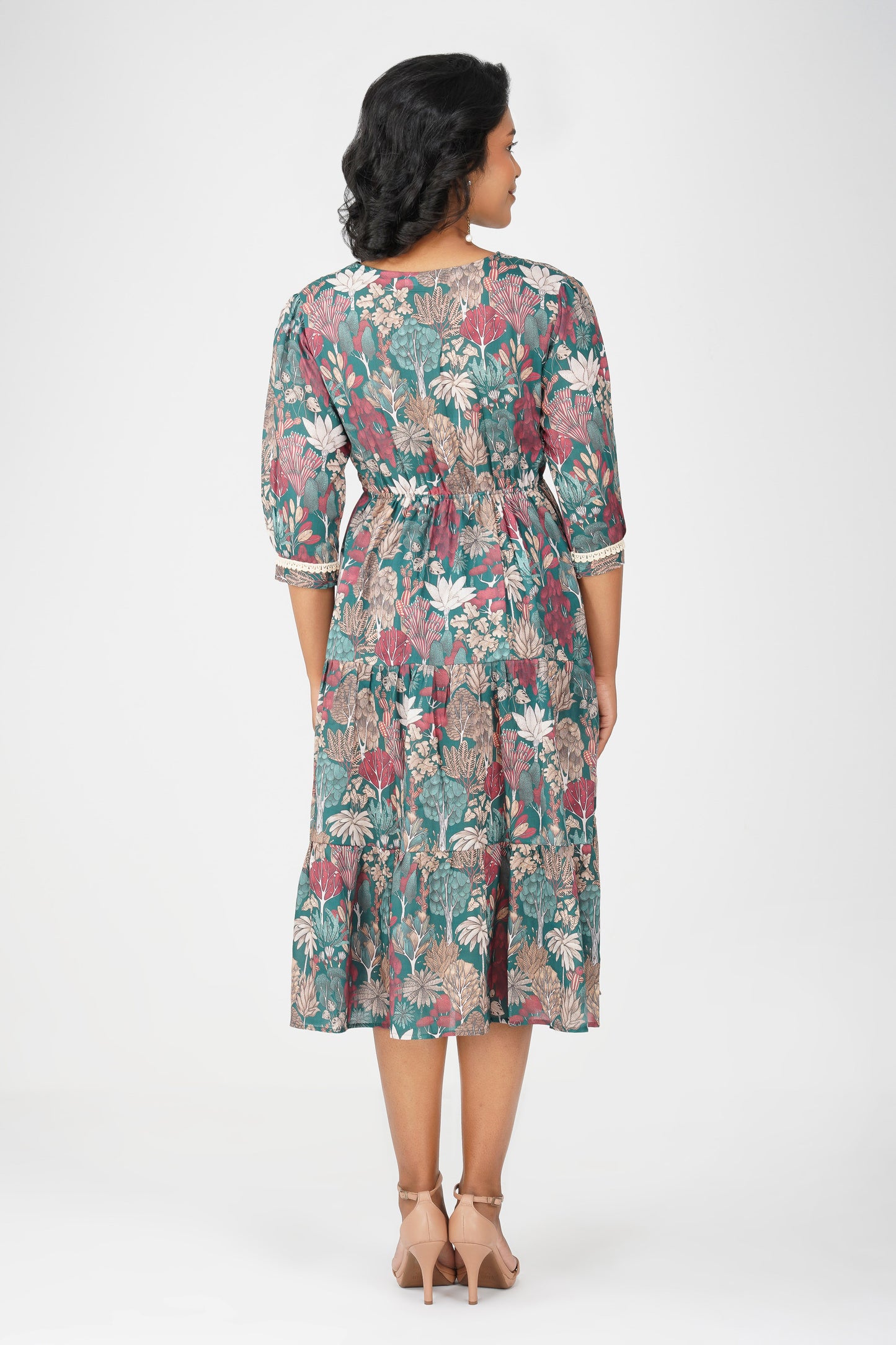 Eva Green Forest Print Cotton Blend Tier Midi Dress