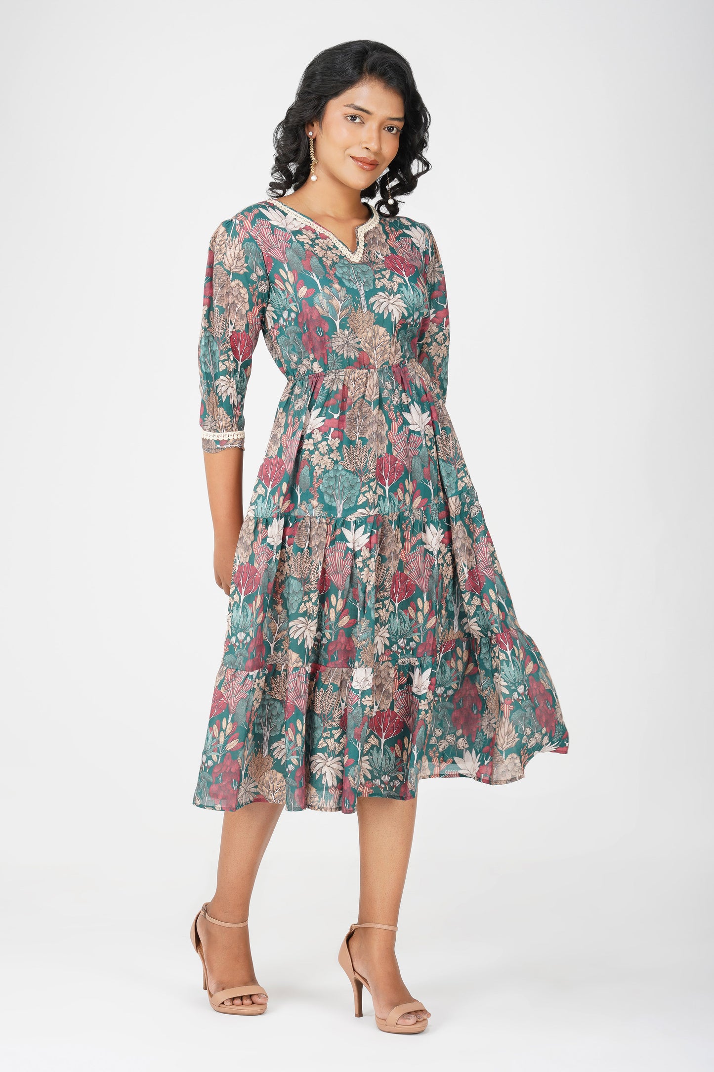 Eva Green Forest Print Cotton Blend Tier Midi Dress