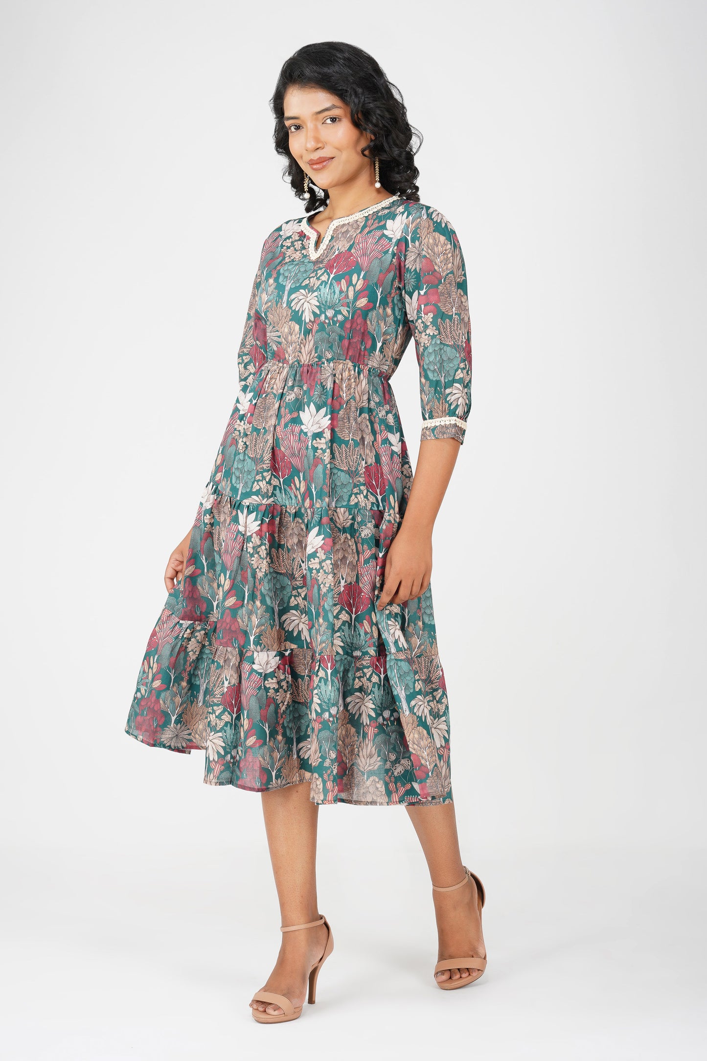 Eva Green Forest Print Cotton Blend Tier Midi Dress
