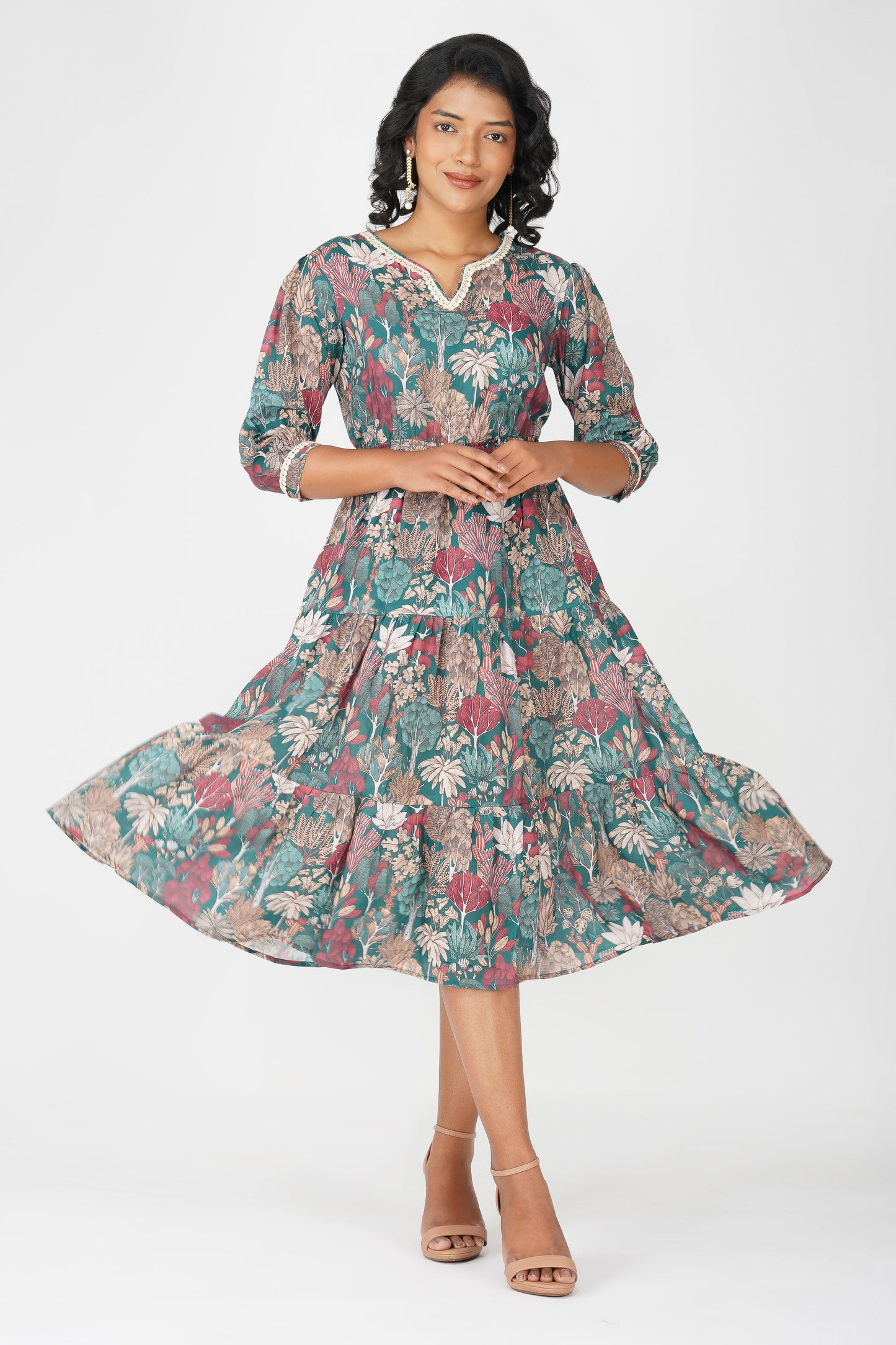 Eva Green Forest Print Cotton Blend Tier Midi Dress