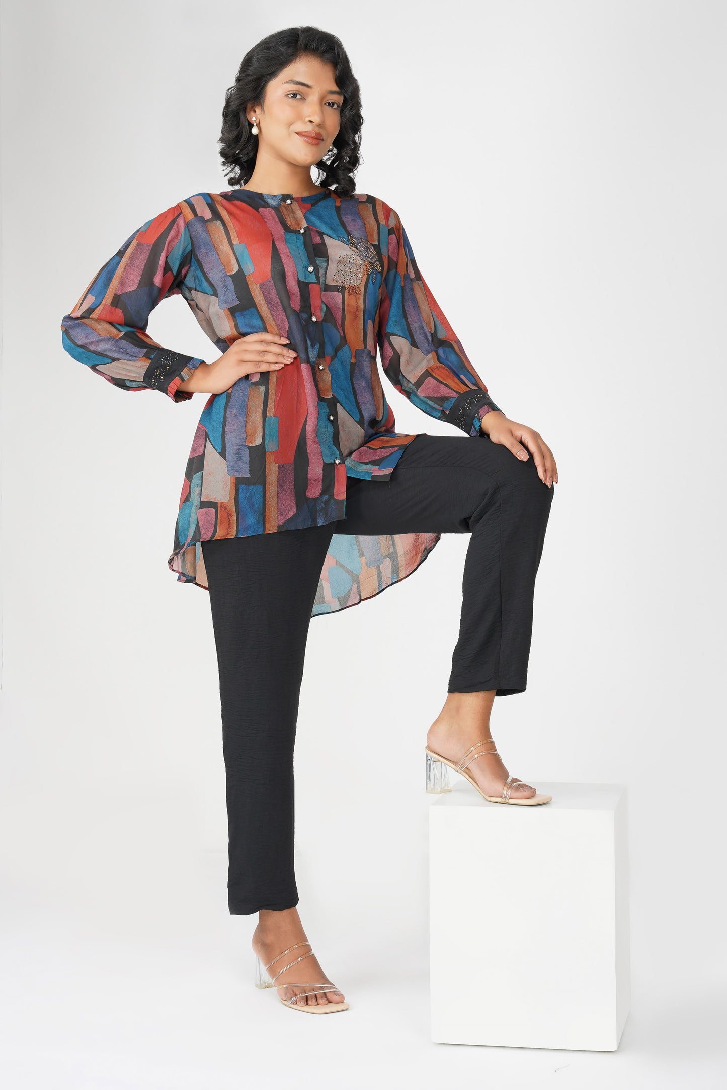 Black Multicolour Swarovski Tunic Co-ord – Printed Festive Set with Pants