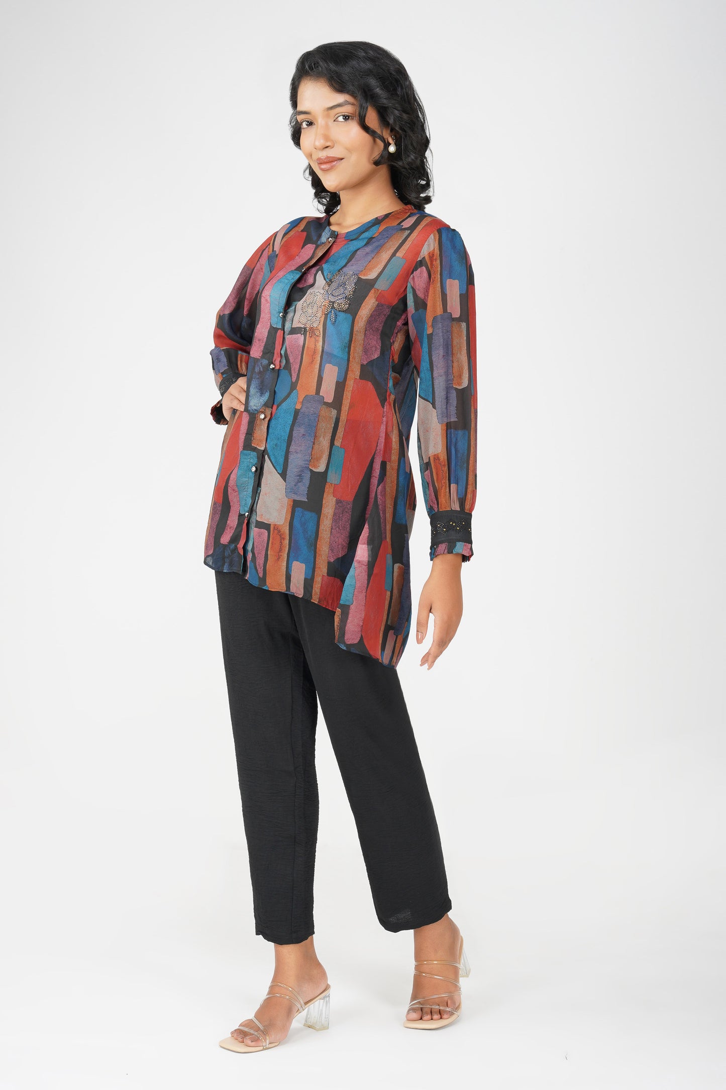 Black Multicolour Swarovski Tunic Co-ord – Printed Festive Set with Pants