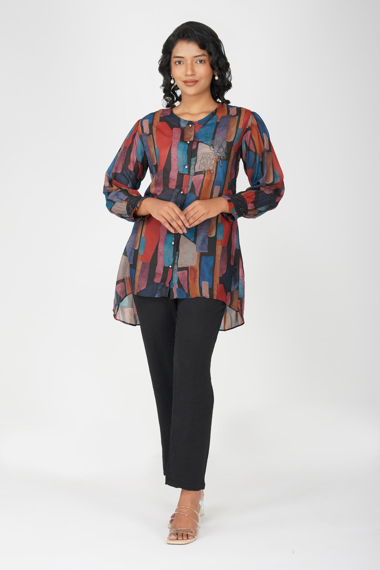 Black Multicolour Swarovski Tunic Co-ord – Printed Festive Set with Pants