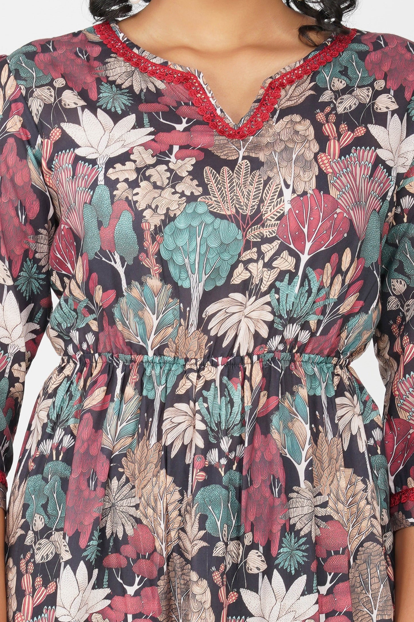 Eva Black Forest Print Cotton Blend Tier Midi Dress
