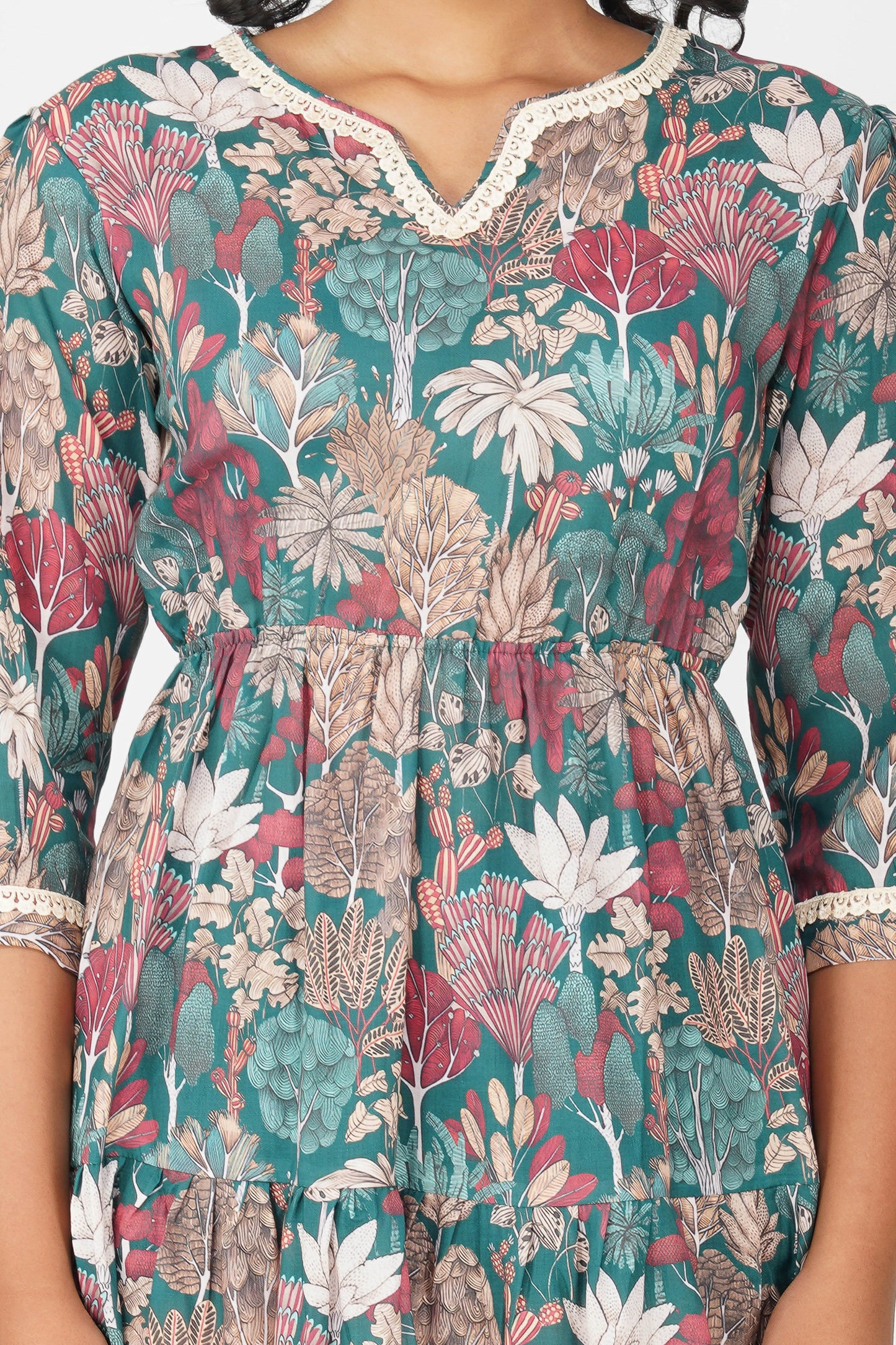 Eva Green Forest Print Cotton Blend Tier Midi Dress