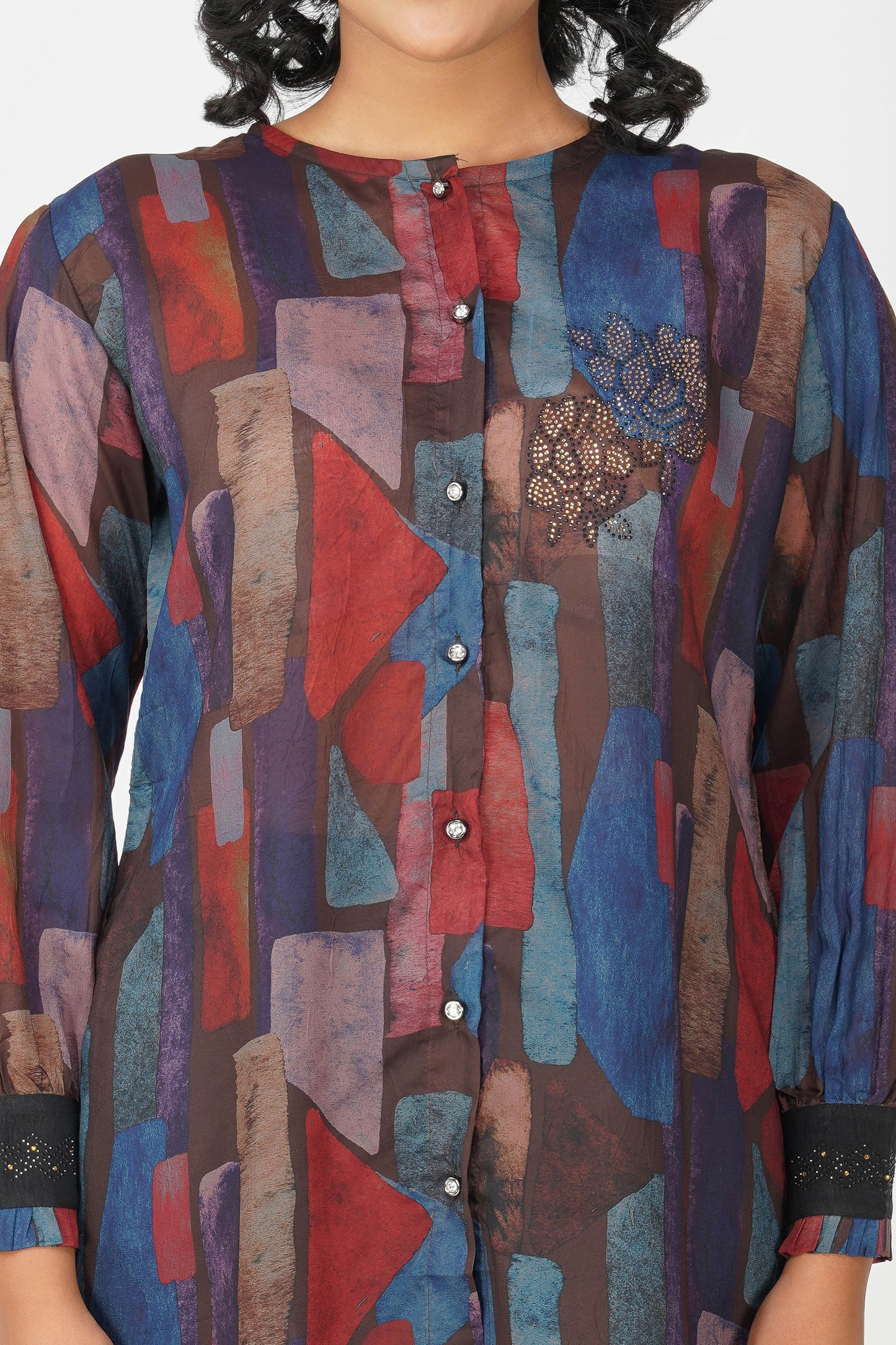 Coffee Multicolour Swarovski Tunic Set โ Printed Festive Co-ord with Pants