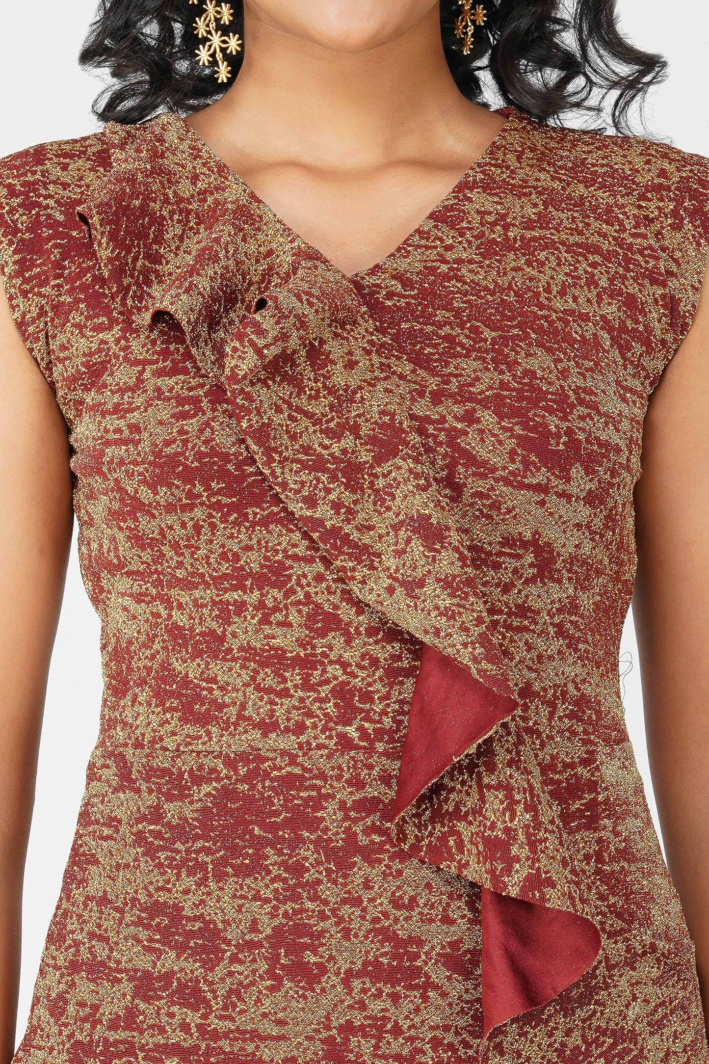 Metallic Ruffle Body-con Dress Maroon