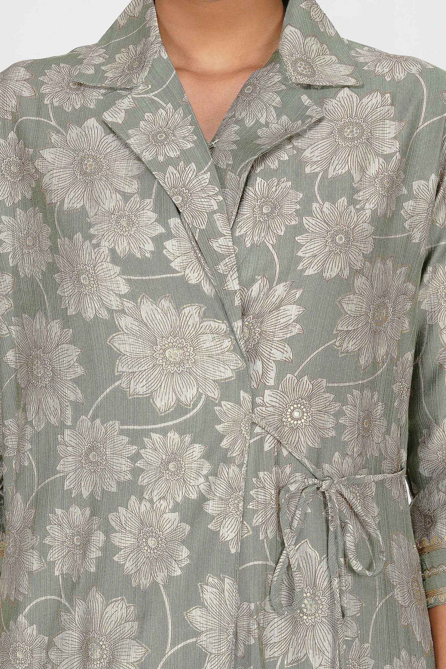 Laila Co-ord Set – Sage Green Floral Jacket Style Top with Solid Pants (2-Piece Set)