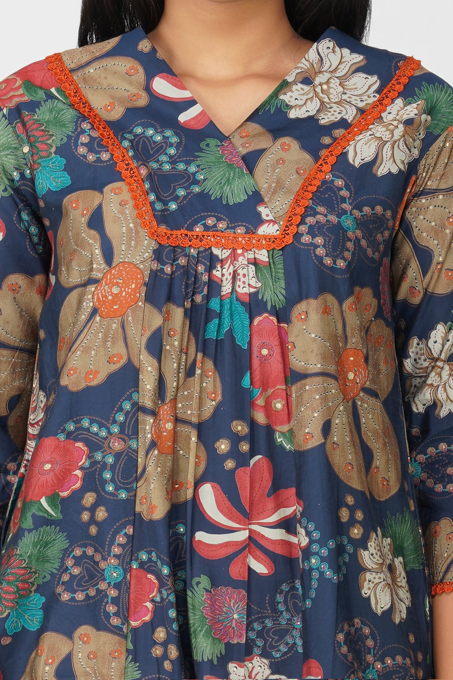 Sia Navy Floral Illustration Co-ord Set – Flared Kurta & Printed Palazzo Pants