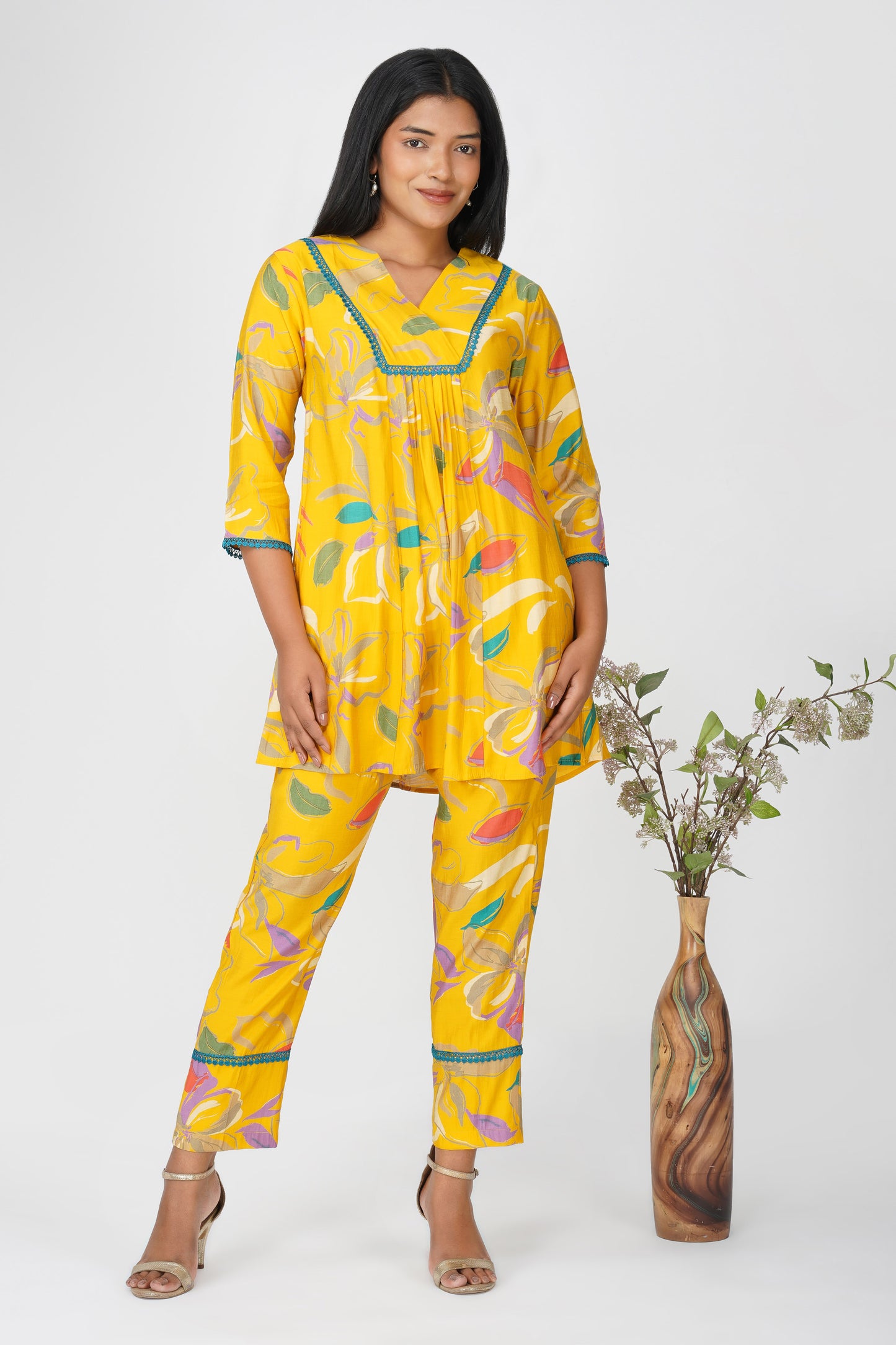 Yellow Floral Printed Co-ord Set โ Flared Kurta & Printed Modal Pants