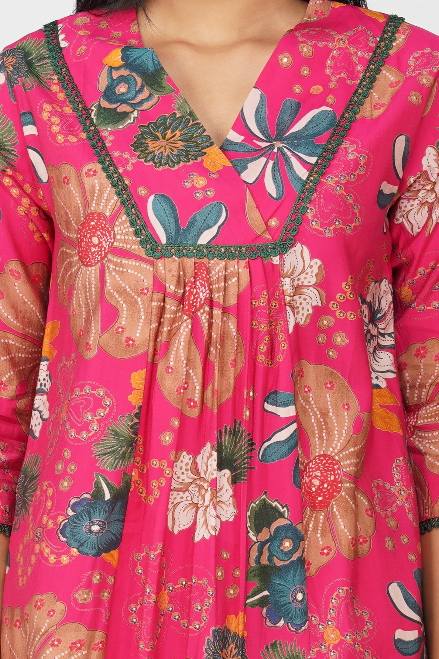 Rani Floral Printed Co-ord Set – Flared Kurta with Lace & Printed Pants
