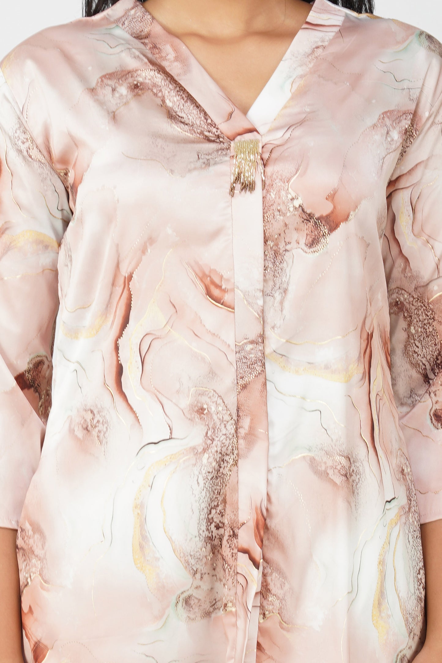 Marbling Co-ord Set – Copper Brown Marbling Print with Gold Highlights & Latkan Detail