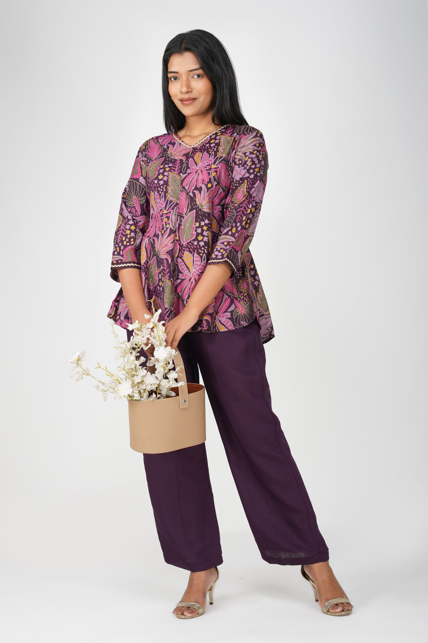 Kali Co-ord Set – Eggplant Print Tunic with Zari Lace & Flared Silk Pants